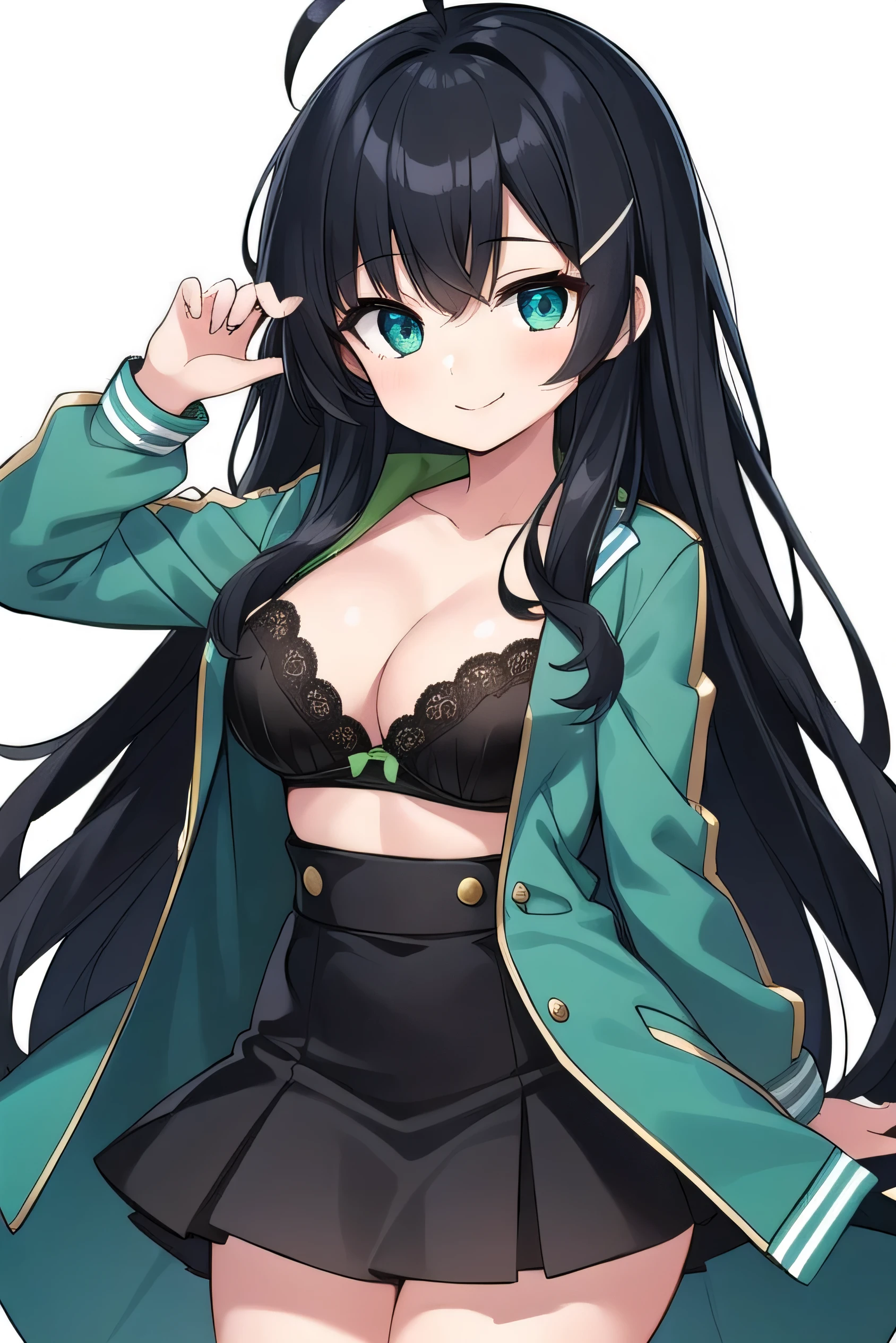 Junior high school student who looks like an elementary school student, , very short, 140 cm tall, black hair with a slight green tinge, short ahoge, beautiful long hair but with a little hair sticking out, beautiful round eyes, blue eyes, smile, boyish, long sleeves, Thick clothes, skirt, big breasts, hair longer than waist, long hair, childish face, gentle smile, a little shy, black skirt, black hair with a slight green tinge, boyish, gentle smile, jacket one size larger, ( Deep greenish black hair: 1.3),her bra is visible
