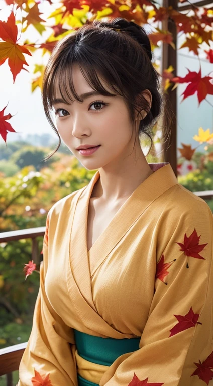 (Photorealistic:1.4), (Top image quality:1.0), (超A high resolution:1.0), 8k, Raw photography, (masterpiece:0.2), (Purelos Face_v1:0.5)、(最高quality Detail:1.2)、Realisticな、8k UHD、High resolution、(One Girl:1.2)、超detailedな、High quality textures、Intricate details、detailed、非常にdetailedなCG、High quality shadows、detailed 美しく繊細な顔、detailed 美しく繊細な目、Depth of written boundary、Ray Tracing,One Girl, Japanese girl, cute, thin, red kimono、Floral scrunchie, Beautiful Skin, Look forward,please sit down, Sit up straight「thank you」says,Put your hands together gracefully,The land of Japan smiling faintly,Japanese garden,Luxurious Japanese-style room, (Row of maple trees:1.2), ((Autumn leaves landscape:1.3)), Sky Porn, Magic Hour, (Realistic:1.3), 細かくdetailedに, quality, (Tabletop:1.2), (Realistic:1.2), (最高quality), (複雑なdetailed), dramatic, Ray Tracing, photograph, +roller