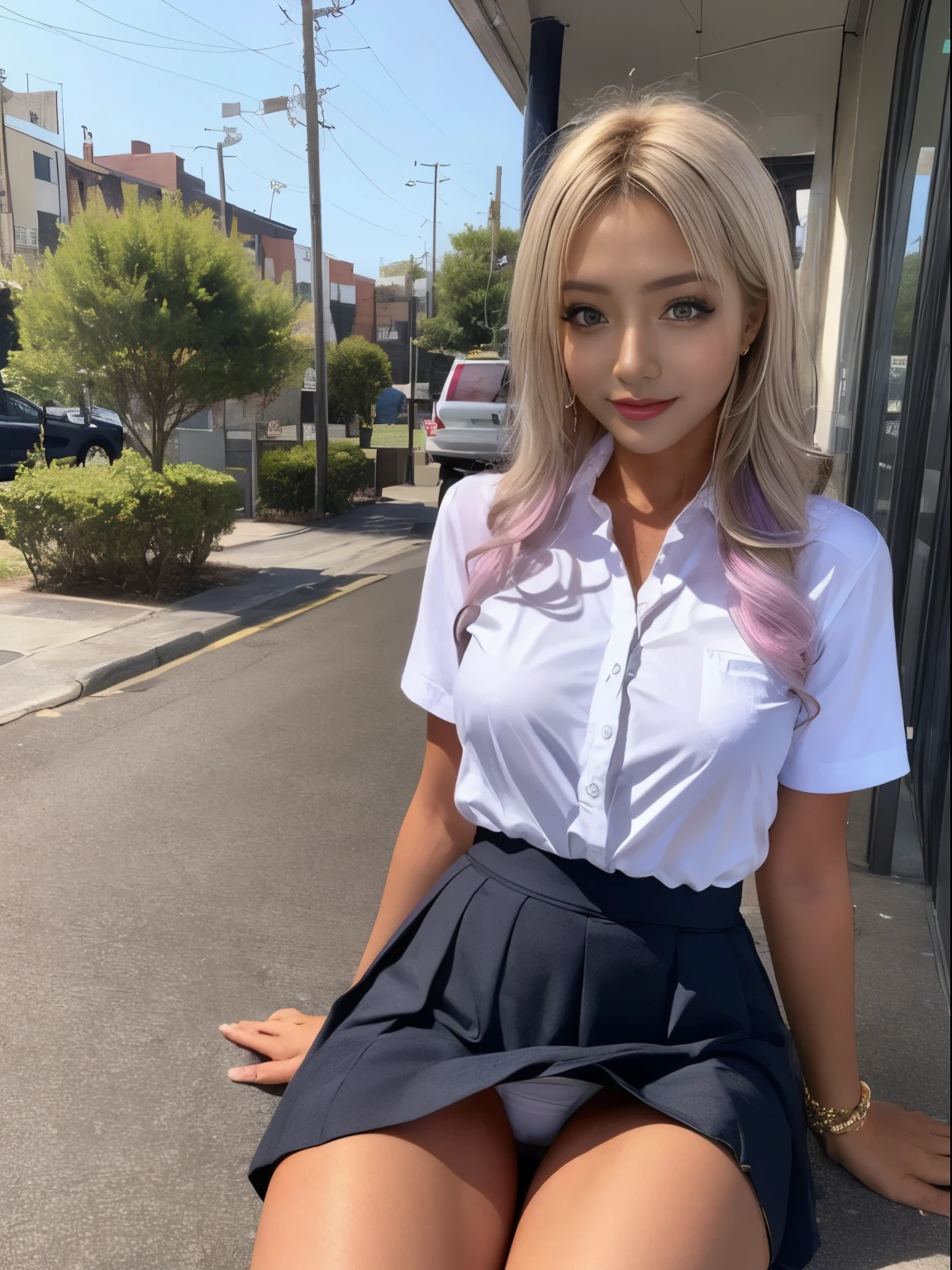 high school girl,(Anatomically correct),(masterpiece, highest quality),1 girl, 、alone, Arm Support, From below, Ass Focus, Backward Shot, View audience,
Break Girl, White collared shirt, Black Skirt, White thong panties, Lace panties, Pink Hair, Purple eyes, Wide Hips, A shy smile, Between the legs,blonde,platinum,In town,stage,office Street,garden,crowd,corridor,intersection,the way,Multi-tenant building