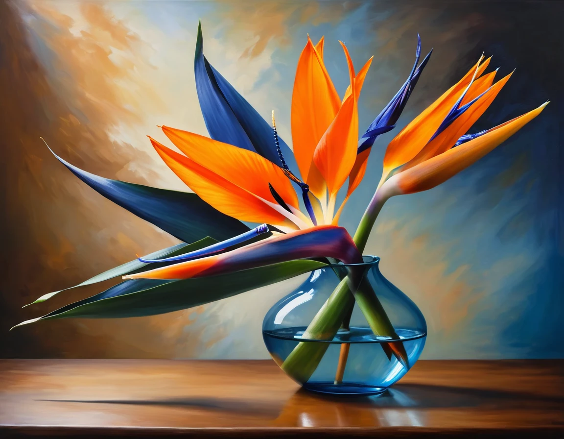 Bird of Paradise (Strelitzia): A tropical flower with striking orange and blue petals resembling a bird in flight, in. a vase on table, still life painting, realistic