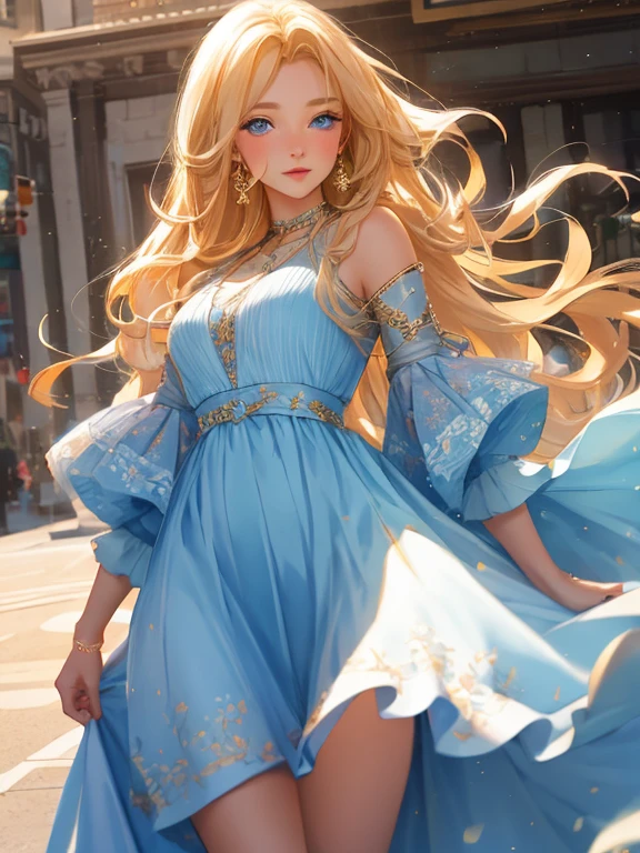 an incredibly beautiful femme fatale young woman with long golden hair, long bangs, blue eyes, dressed in a light summer dress. Romance. A masterpiece. Full-length image. Detailed drawing of the face. Masterpiece, perfect drawing, realistic drawing, full-length drawing, detailed study, 8k. full-length image, realistic image, dynamic image, detailed image. an extremely detailed illustration, a real masterpiece of the highest quality, with careful drawing. anime style.