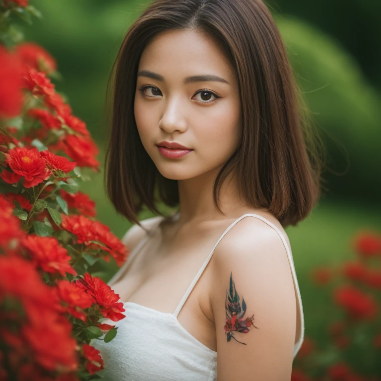 ((best quality, 8k, Masterpiece :1.3)), Sharp focus :1.2, sexy, thin, Korean style, girl style.30 year old white tattoo. perfect body beauty:1.4. In front of the camera. More intimate. clearer than this, Outdoors in the countryside, there is an old, thatched hut with red flowers all around.,) Sunlight shines brightly in the evening, the sun is about to set, glistening °Full Body°, Highly detailed faces and textures, Detailed eyes, Double eyelids_Mix 4, 20 days, alone, Realistic photos:1.37 .. The fine texture of the tattooed skin.. hand tattoo. breasts tattoo , Shot with a high quality Fuji camera., Color 45.,000,000 chili cells,