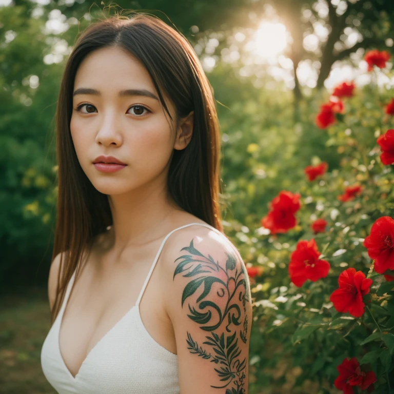 ((best quality, 8k, Masterpiece :1.3)), Sharp focus :1.2, sexy, thin, Korean style, girl style.30 year old white tattoo. perfect body beauty:1.4. In front of the camera. More intimate. clearer than this, Outdoors in the countryside, there is an old, thatched hut with red flowers all around.,) Sunlight shines brightly in the evening, the sun is about to set, glistening °Full Body°, Highly detailed faces and textures, Detailed eyes, Double eyelids_Mix 4, 20 days, alone, Realistic photos:1.37 .. The fine texture of the tattooed skin.. hand tattoo. breasts tattoo , Shot with a high quality Fuji camera., Color 45.,000,000 chili cells,