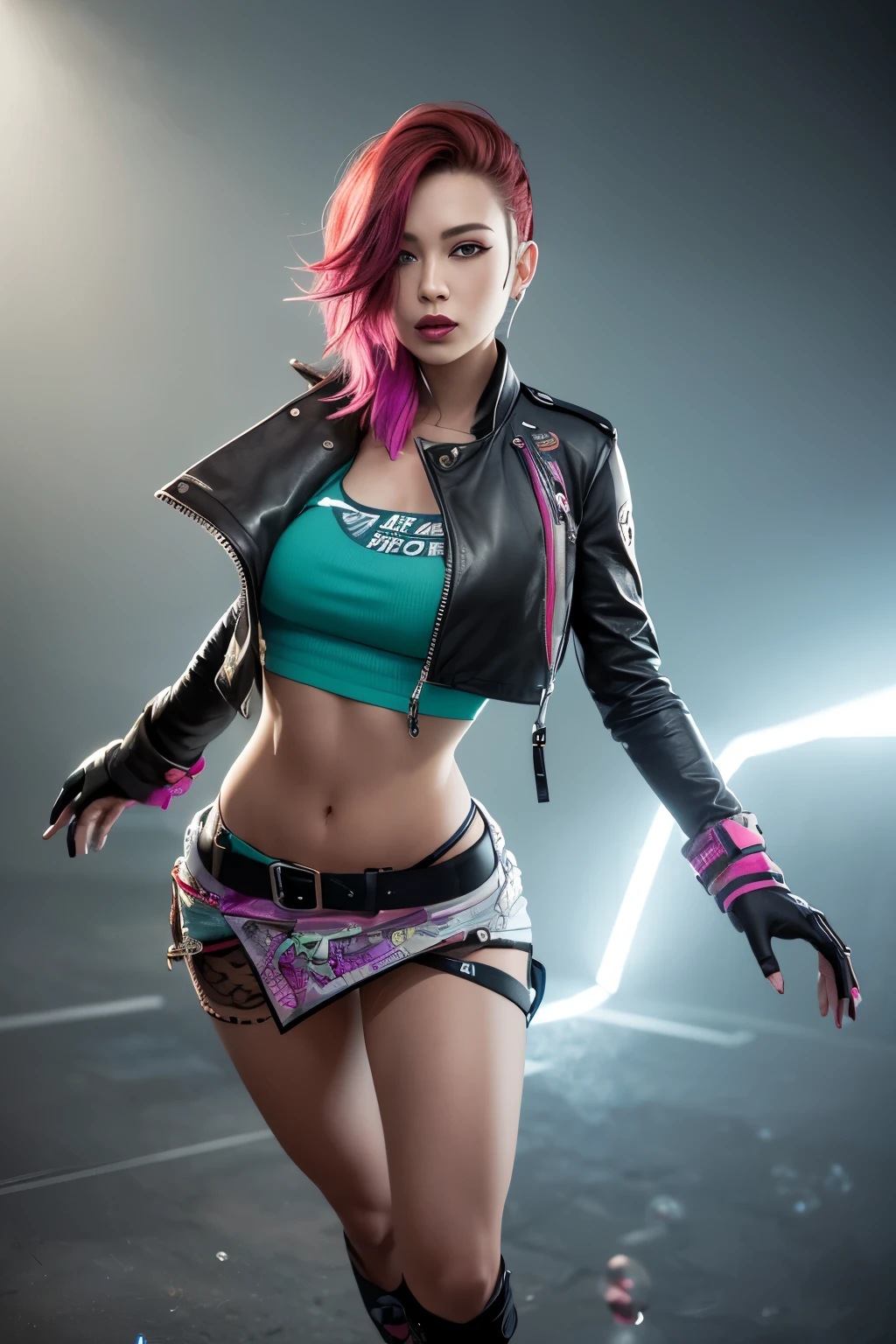 Vibrant, elegance, side-cropped punk hairstyle, looking at the viewer, dynamic pose, blow, ammunition belt, gloves, long shot: 1.6, Unreal Engine: 1.4, dreamy bubble shadows, ultra-realistic CG K, photorealistic :1.4, Skin Texture: 1.4, Artwork Full Body of One Young Woman: 1.5, Red Hair, Green Eyes, Full Lips, Oborozukiyo, Sensual Smile: 1.5, Graceful, Very Detailed: 1.4, More detailed, optical mix, playful patterns, animated textures, unique visual effects, pink leather miniskirt, haze, pink jacket, masterpiece, gloss, abandoned place background with junk, color, cyan, Gyūun Ryūs, Green, Pink, Brown: 1.2, 8K Realistic Digital Art, 32K, Masterpiece, Ultra High Definition,
