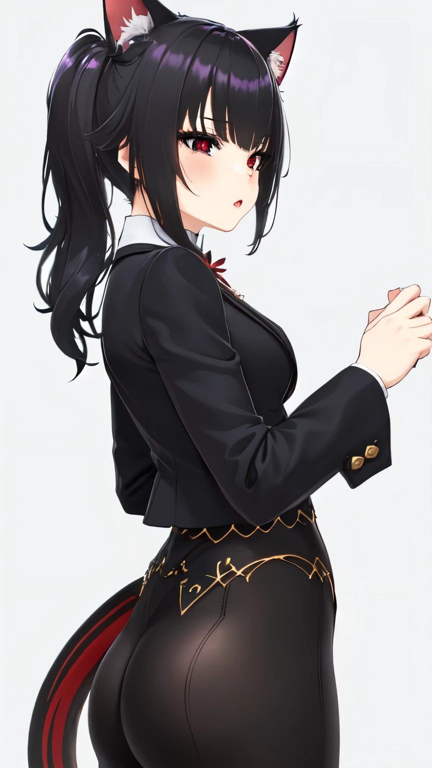 (Obra maestra, mejor calidad, high resolution:1.3),(((Orejas de gato))), ((cabello largo y con flequillo de color negro y (orejas de gato))), (exquisitamente detallado:1.3), (deslumbrantemente bella:1.3), (Intricately designed suit:1.2), dynamic pose, (Entorno vibrante e inmersivo:1.2), (better lighting conditions:1.2), (Rasgos faciales meticulosamente elaborados:1.2), (Ojos expresivos que muestran detalles intrincados:1.3), (Fondo elaborado con detalles cautivadores:1.1), (Lush landscapes and fantasy elements:1.1), (The best representation of Genshin Impact characters:1.1), (Ambient lighting that highlights the beauty of the character:1.2), (Sony A7R IV camera for exceptional quality:1.2), (emparejado con un Sony FE 85 mm f/1.4 lentes GM:1.2), (capturing every detail in the character design:1.1), (Improve immersive atmosphere:1.1), (entregando una imagen de belleza y detalle sin igual:1.1). ,((long hair slightly wavy slightly past the shoulders, black bangs, small black pigtails on the sides, cute cat ears, beautiful thin red eyes,)),