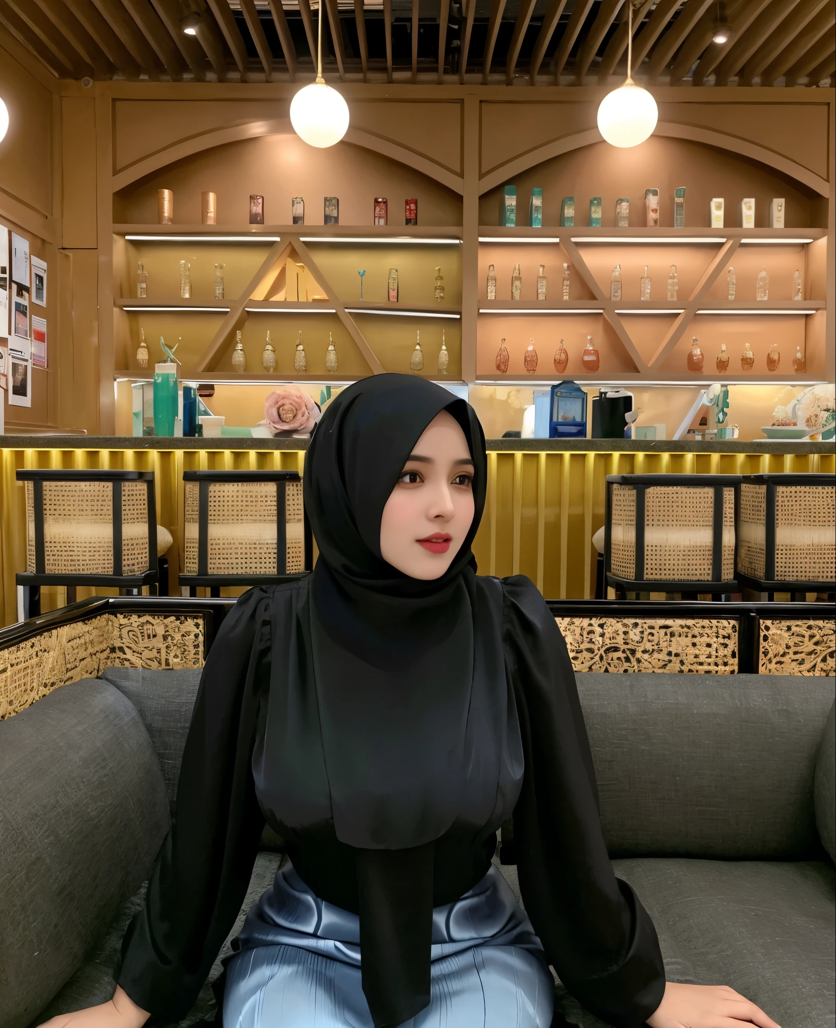 RAW photo of a 24 year old girl wearing hijab, satin abaya sexy sea foam   , satin, hijab face portrait,((tp background)), 8k uhd, dslr, soft lighting, high quality, film grain, Fujifilm XT3, covered dress, patterned dress, gigantic breasts:1.5