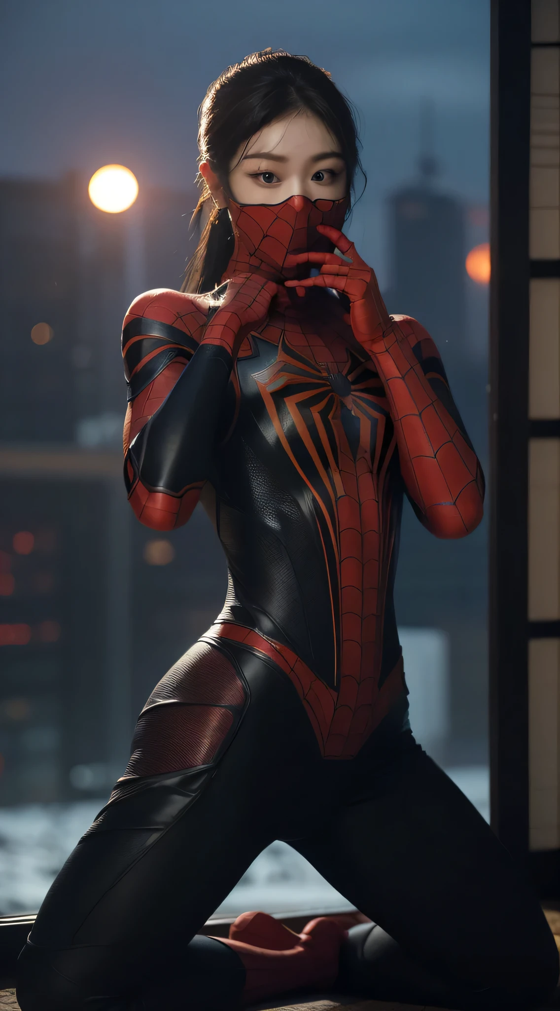 1 girl, (((Japanese beautiful woman))),(((Spider-Man Suit))),(((no mask)))，(((take off the mask)))，(((show your face:1.1)))，(((black hair))), slim body,full shot, Spider-Man pose, fighting pose，dynamic pose，from below, Looking at the viewers, (Japanese landscape), (city),skyscrapers，On the roof of the building， detailed background,realistic、picture、masterpiece、realistic、realism、photorealism、high contrast、realistic art station trend digital art 8k HD high definition and detailed realism, Detail, skin texture, very detailed, realistic skin texture, armature, top quality, Ultra A high resolution, (realistic:1.4),, highest resolution, Detail, original picture, sharp ash, Nikon D850 film stock picture: Lee Jefferies 4 Kodak Portra 400 카메라 F1.6 lenses rich colors surreal life-like textures dramatic lighting unreal engine artstation trends synestil 800,
information