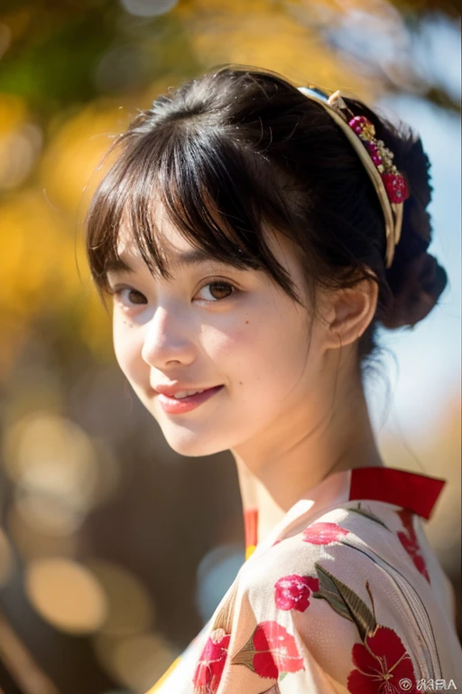 (Realistic:1.3), Rembrandt Lighting, (masterpiece:1.2), (photoRealistic:1.2), (highest quality), (Detailed skin:1.3), (Intricate details), Ray Tracing,One girl, Japanese Girls, 21 years old, Detailed skin texture, (blush:0.5), Scattered beneath the surface, smile, Updo, bangs, Hair between the eyes, hair ornaments, kimono, Floral print, Wearing edgJF_kimono, seiza (Bright sunny day, Autumn scenery, Autumn Tree々and leaves, (It was transparent:1.2)Nude
