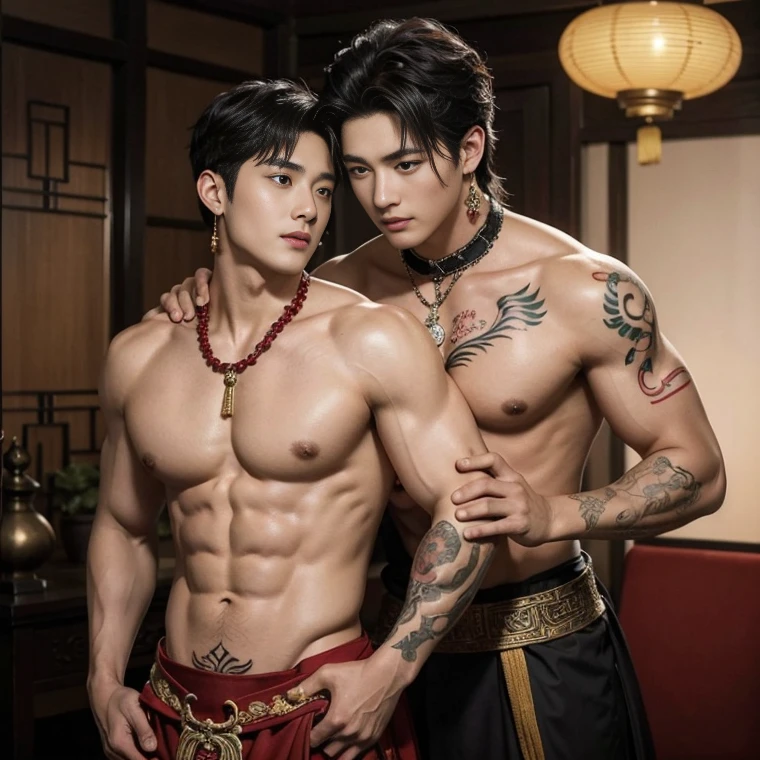 Two handsome boys kissing, smiling at each other,hugging, kissing, touching lips, cuddle, romantic,skin ship, Chinese Men God, Mythology, realistic, Chinese odyssy, super Handsome,manly, kpop idol, handsome korean actor, 20 years old,, detailed face, manly jawline, detailed mess curly styling hair, Topless, Muscles, big breast Athlete body, Full Frame,full body shoots, Sexy, realistic, human skin, tattoo breast, Professional studio Lighting, long red tibet wedding Outfit, jade and golden pendent all over , detailed jewery in dress, earings,Chinese ancient wedding Background,out door, super detailed background,look at camera , open mouth, sexy Underneathe Underwear, tibet Warrior, Hanfu red wedding dress, tibet Male, tibet Nobel, Seduce , bare chest , tattoo chest, tattoo arms, tattoo hands, tattoo back, tattoo legs , big juicy butts, grabbing on butts posture