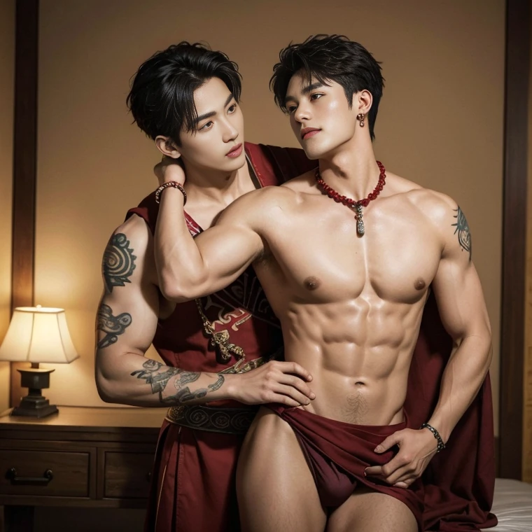 Two  handsome boys kissing, smiling at each other,hugging, kissing, touching lips, cuddle, romantic,skin ship, Chinese Men God, Mythology, realistic, Chinese odyssy, super Handsome,manly,  kpop idol, handsome korean actor, 20 years old,, detailed face, manly jawline, detailed mess curly styling hair,  Topless, Muscles, big breast Athlete body, Full Frame,full body shoots, Sexy, realistic, human skin, tattoo breast, Professional studio Lighting, long red tibet wedding Outfit, jade and golden pendent all over , detailed jewery in dress, earings,Chinese ancient wedding Background,out door, super detailed background,look at camera ,  open mouth, sexy Underneathe Underwear, tibet Warrior, Hanfu  red wedding dress,  tibet Male, tibet Nobel, Seduce , bare chest , tattoo chest, tattoo arms, tattoo hands, tattoo back, tattoo legs , big juicy butts, grabbing on butts posture