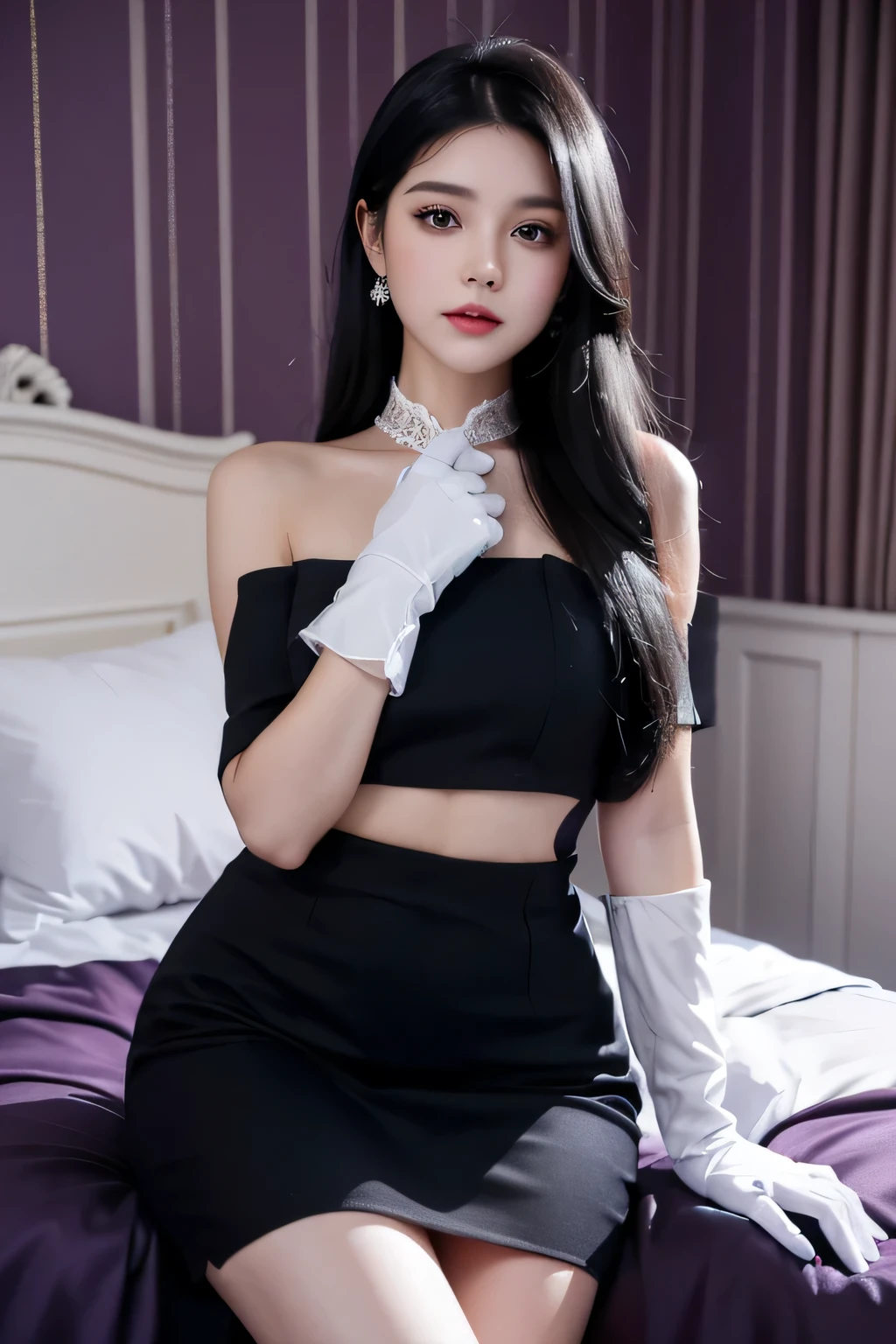 a princess with long black hair, wearing a dark purple short dress with a hint of cobalt blue. She is wearing white gloves. She is in her bedroom, night time