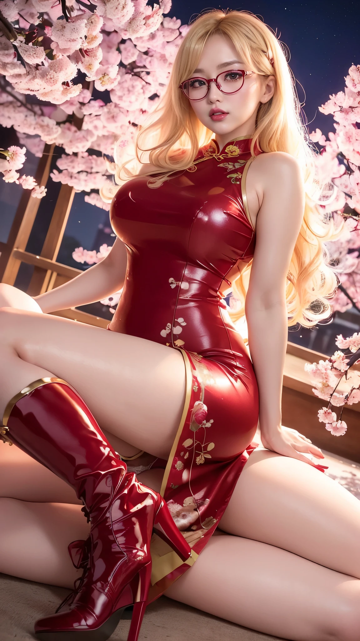 Taiwanese idol girl Mature Woman Blonde wavy hair with bangs (Bright red rouge lips) Chubby Plump ((Rimless glasses)) Large Breasts Super big boobs Big eyes SakuraFubuki ((Gorgeous and sexy super shiny long cheongsam)) ((Knee-high boots)) 8K Photorealistic Drawn from below ((Cherry blossoms in full bloom at night)) (A large amount of falling cherry blossom petals) ((Armpit))