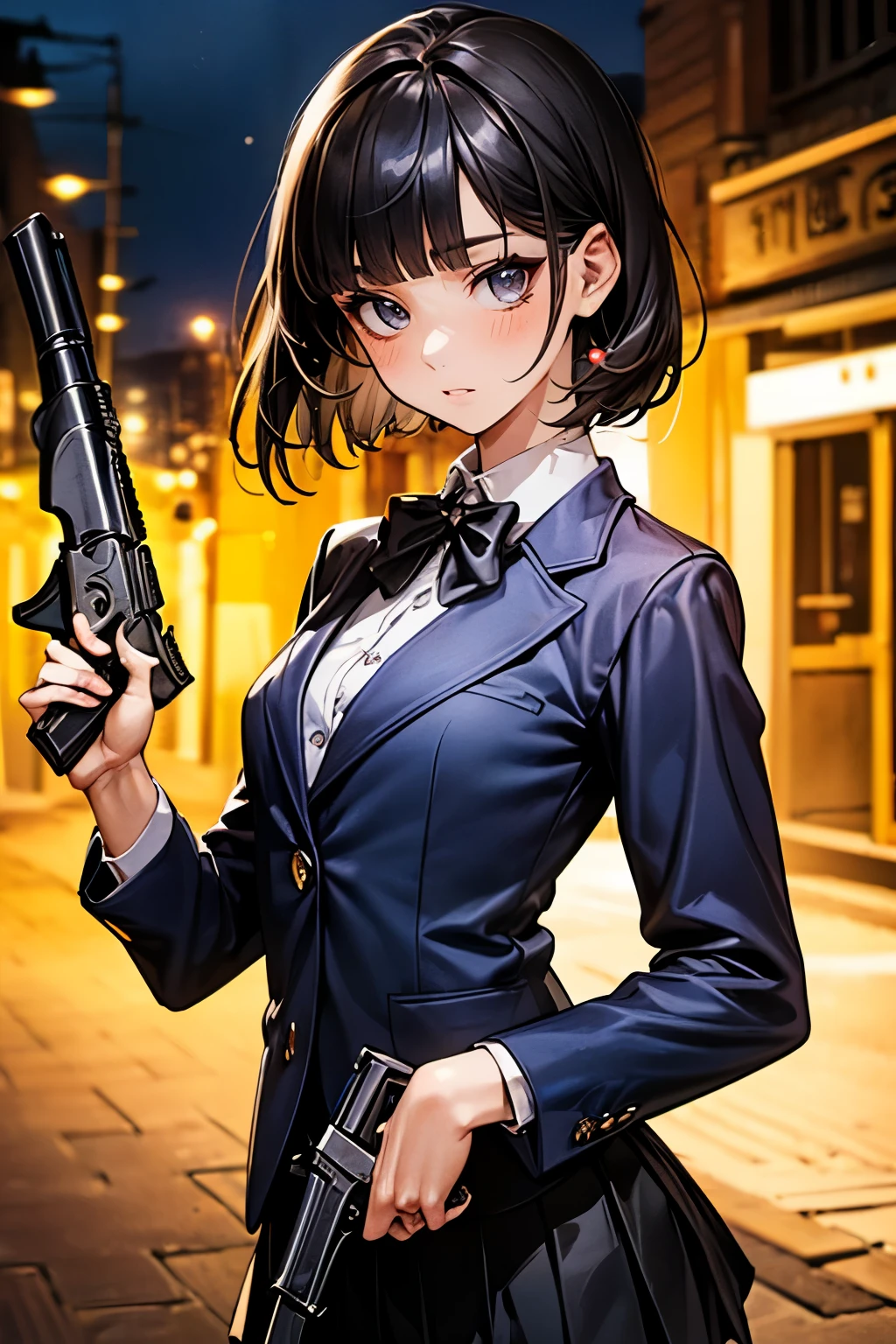 (((An accurate and detailed depiction of a self-loading pistol:1.7))),(((perfect anatomy,realistic:1.4,RAW Photography:1.4,masterpiece、highest quality、Ultra - High resolution、High resolution、Highly detailed CG、8K))),cowboy shot,1 female,solo、18 year old beauty,Japanese,((beautiful detailed face and eyes:1.3,big gorgeous eyes:1.3,gray eyes)),black hair,short bob hair,blunt bangs,blush,(medium breasts,slender body,small head:1.3,skinny),(gleaming skin:1.4,oily skin,shiny skin),(School uniform、Black blazer、navy blue bow tie、Pleated black mini skirt)、((holding 1 automatic pistol:1.7))、Back Alley、A deserted street、Tokyo、at night、moonlight,