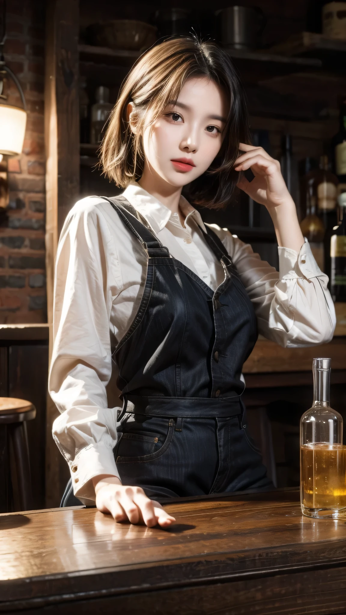 Short haired cowgirl in old west bar,Blonde,sitting,pipe,table Wisky,piano,6-round revolver,bucket,table,Poker,dust,artwork,3D,4K,detailed,Practical