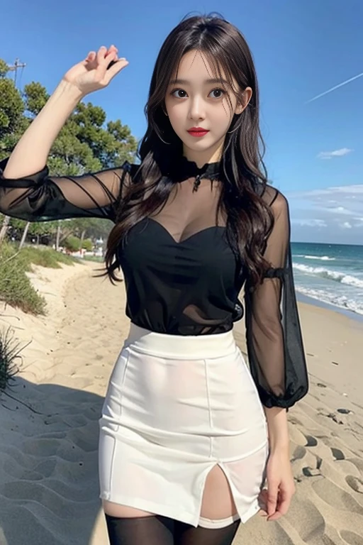 Random pose, see-through shirt, see-through skirt, beach, wave, hipster, dress stockings