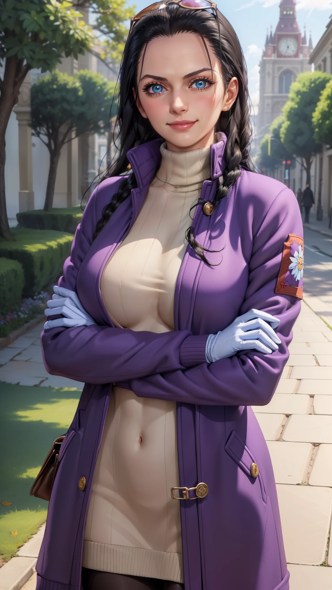 (Masterpiece), 1girl, high quality, best quality, extremely detailed eyes, extremely detailed body, blush, highly detailed, Nico robin, one piece, black hair, blue eyes,  looking at viewer, smile, large breasts, gloves, long sleeves, closed mouth, 1girl, purple jacket, upper body, open clothes, sweater, coat, crossed arms, eyewear on head, brown gloves, ribbed sweater, hair slicked back, purple sweater