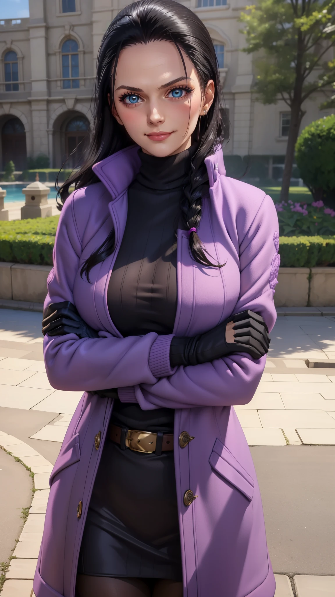 (Masterpiece), 1girl, high quality, best quality, extremely detailed eyes, extremely detailed body, blush, highly detailed, Nico robin, one piece, black hair, blue eyes,  looking at viewer, smile, large breasts, gloves, long sleeves, closed mouth, 1girl, purple jacket, upper body, open clothes, sweater, coat, crossed arms, eyewear on head, brown gloves, ribbed sweater, hair slicked back, purple sweater