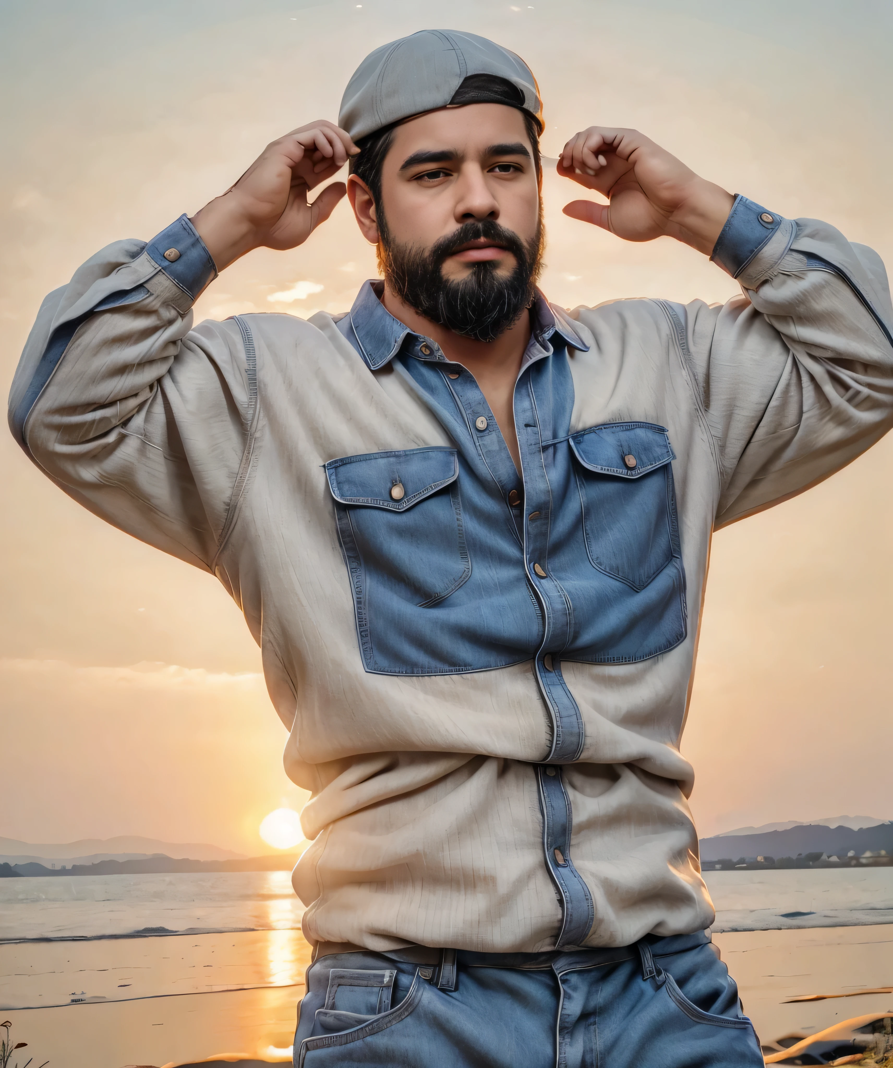 Obra maestra, desenfoque de campo, Parte superior del cuerpo, hands in pants pockets , 38 year old man with beard , gorra y lentes oscuros . Chubby man wearing a plaid shirt in a Netflix drug trafficking series with a sunset in the background.