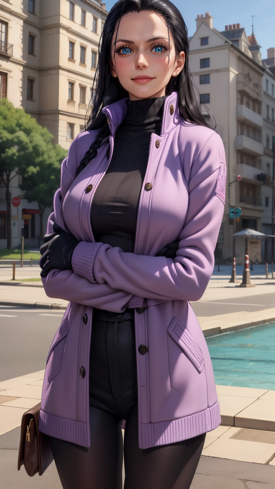 (Masterpiece), 1girl, high quality, best quality, extremely detailed eyes, extremely detailed body, blush, highly detailed, Nico robin, one piece, black hair, blue eyes,  looking at viewer, smile, large breasts, gloves, long sleeves, closed mouth, 1girl, purple jacket, upper body, open clothes, sweater, coat, crossed arms, eyewear on head, brown gloves, ribbed sweater, hair slicked back, purple sweater