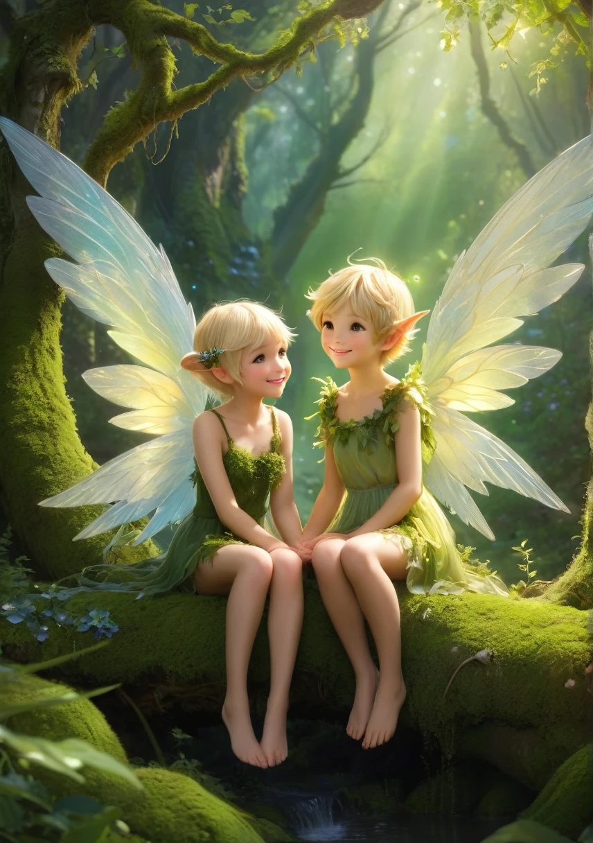 Beautiful adult fairy、Two fairies、Sitting in the thick, Mossy branches、You can see a girl and a boy、I have angel wings，I can fly、Short blond hair and cute round eyes、Smile、Perfect lighting、High Detail、High level of image quality、High color rendering、high resolution、Surreal、Photo-realistic