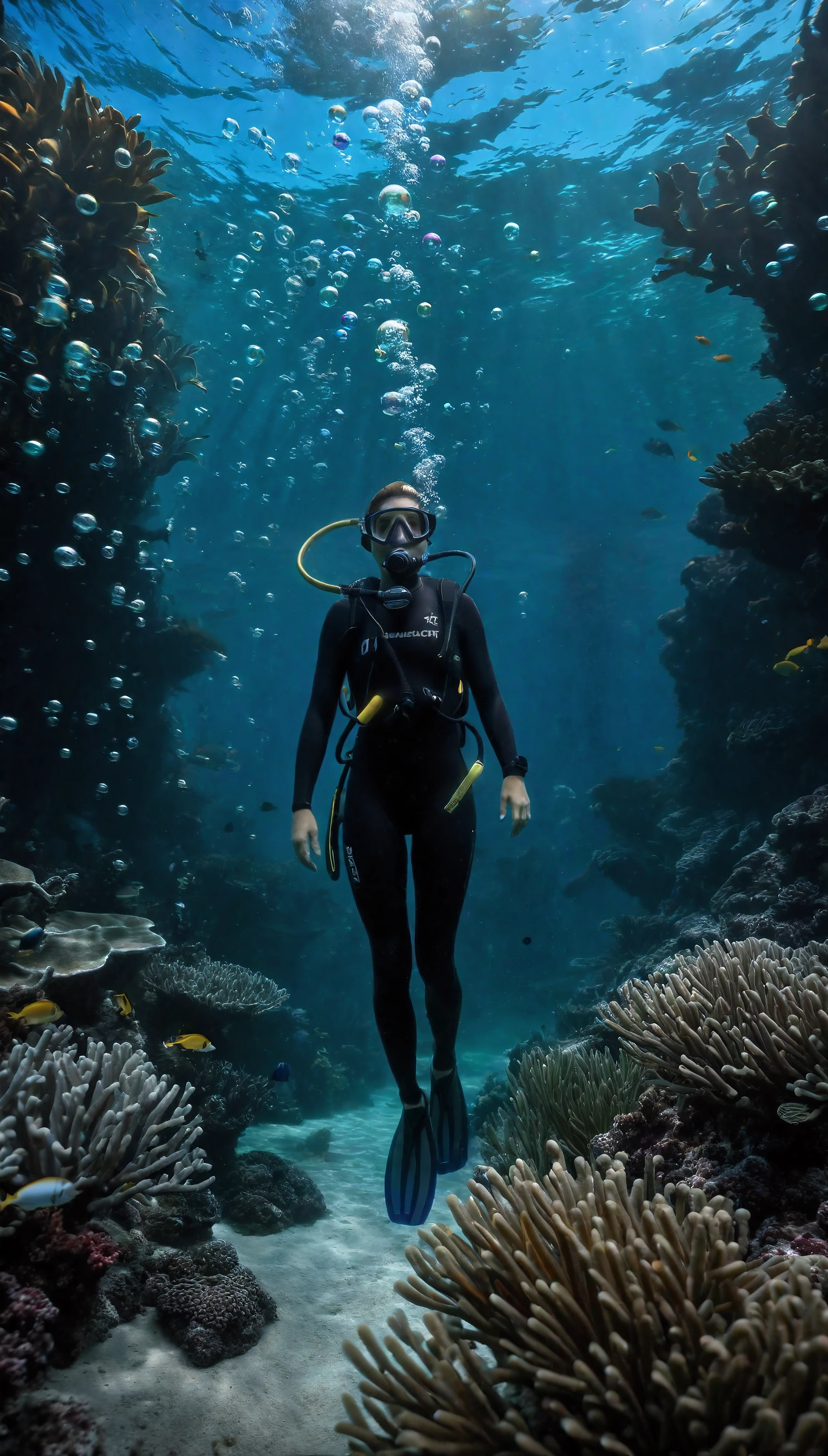 ((Masterpiece in maximum 16K resolution):1.6),((soft_color_photograpy:)1.5), ((Ultra-Detailed):1.4),((Movie-like still images and dynamic angles):1.3). | (cinematic photo shot of beautiful Diver underwater), (Beautiful Diver), (tyndall effect), (a lot of bubbles), (coral), (mangroves), (neptune grass), (shimmer), (visual experience), (Realism), (Realistic),award-winning graphics, dark shot, film grain, extremely detailed, Digital Art, rtx, Unreal Engine, scene concept anti glare effect, All captured with sharp focus. | Rendered in ultra-high definition with UHD and retina quality, this masterpiece ensures anatomical correctness and textured skin with super detail. With a focus on high quality and accuracy, this award-winning portrayal captures every nuance in stunning 16k resolution, immersing viewers in its lifelike depiction. | ((perfect_composition, perfect_design, perfect_layout, perfect_detail, ultra_detailed)), ((enhance_all, fix_everything)), More Detail, Enhance.