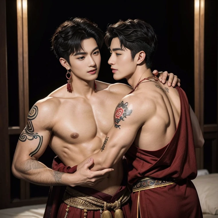 Two  handsome boys kissing, smiling at each other,hugging, kissing, touching lips, cuddle, romantic,skin ship, Chinese Men God, Mythology, realistic, Chinese odyssy, super Handsome,manly,  kpop idol, handsome korean actor, 20 years old,, detailed face, manly jawline, detailed mess curly styling hair,  Topless, Muscles, big breast Athlete body, Full Frame,full body shoots, Sexy, realistic, human skin, tattoo breast, Professional studio Lighting, long red tibet wedding Outfit, jade and golden pendent all over , detailed jewery in dress, earings,Chinese ancient wedding Background,out door, super detailed background,look at camera ,  open mouth, sexy Underneathe Underwear, tibet Warrior, Hanfu  red wedding dress,  tibet Male, tibet Nobel, Seduce , bare chest , tattoo chest, tattoo arms, tattoo hands, tattoo back, tattoo legs , big juicy butts, grabbing on butts posture