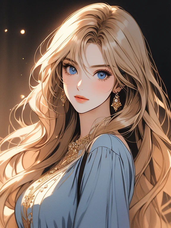 an incredibly beautiful femme fatale young woman with long golden hair, long bangs, blue eyes, dressed in a light summer dress. Romance. A masterpiece. Full-length image. Detailed drawing of the face. Masterpiece, perfect drawing, realistic drawing, full-length drawing, detailed study, 8k. full-length image, realistic image, dynamic image, detailed image. an extremely detailed illustration, a real masterpiece of the highest quality, with careful drawing. anime style.