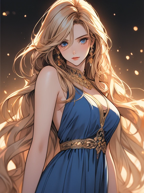 an incredibly beautiful femme fatale young woman with long golden hair, long bangs, blue eyes, dressed in a light summer dress. Romance. A masterpiece. Full-length image. Detailed drawing of the face. Masterpiece, perfect drawing, realistic drawing, full-length drawing, detailed study, 8k. full-length image, realistic image, dynamic image, detailed image. an extremely detailed illustration, a real masterpiece of the highest quality, with careful drawing. anime style.