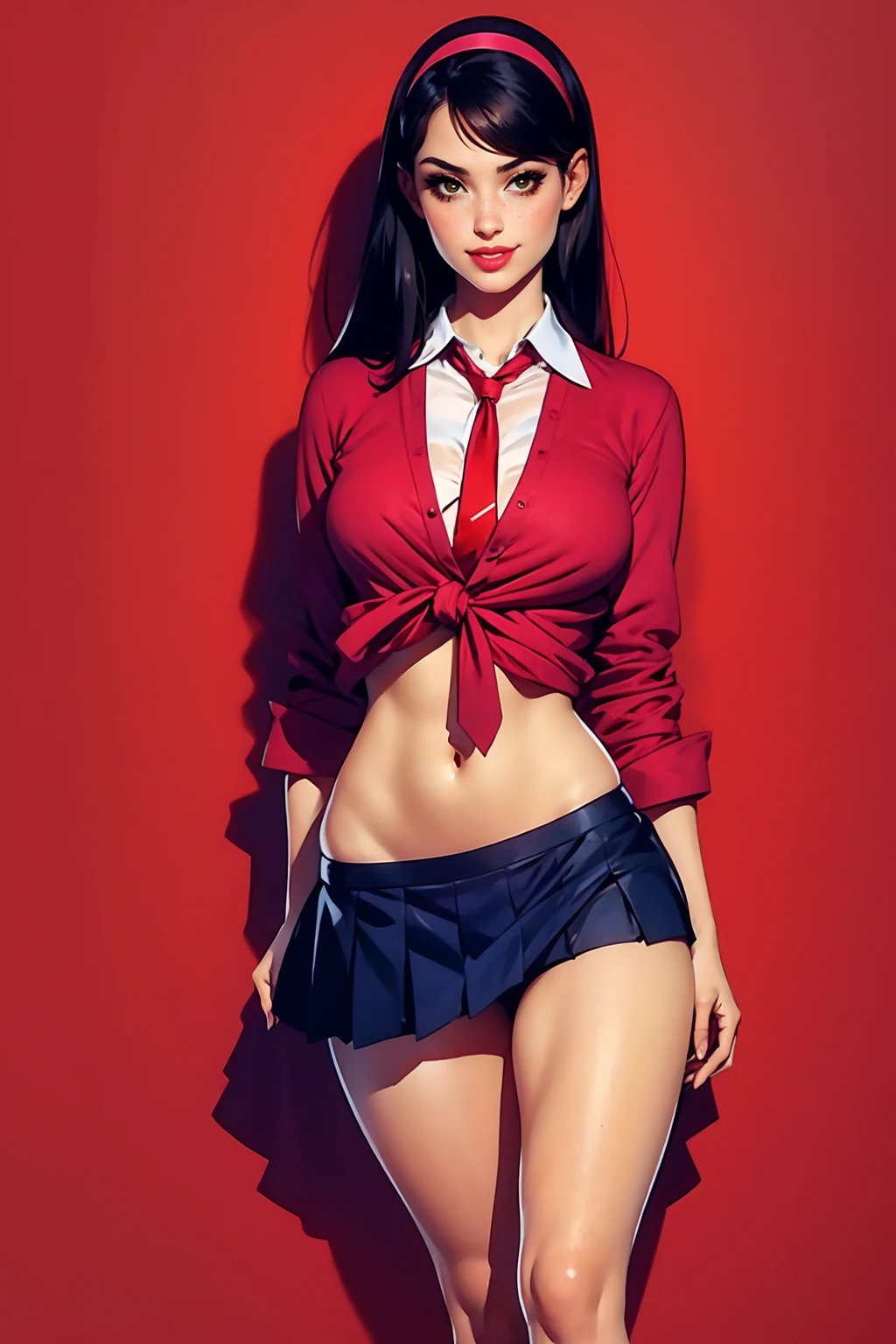 Alluring young girl, smile, collared shirt, sleeves rolled up, pleated skirt, (lifted skirt:1.5, panties), necktie, small breast, hairband, (wide hips), sexy thighs, ((straight hair)), comic retro style, (masterpiece, best quality:1.2), simple background
