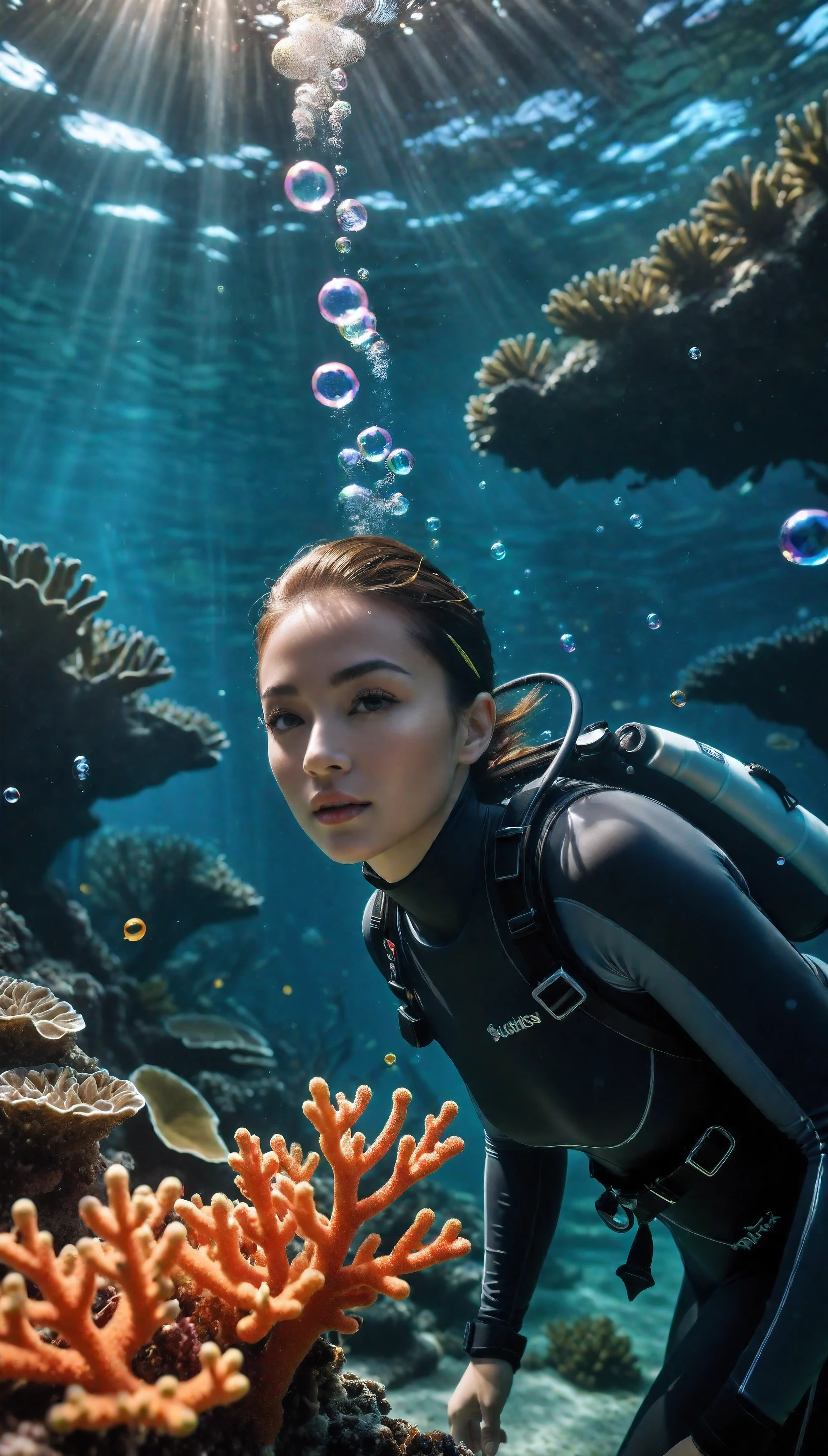 ((Masterpiece in maximum 16K resolution):1.6),((soft_color_photograpy:)1.5), ((Ultra-Detailed):1.4),((Movie-like still images and dynamic angles):1.3). | (cinematic photo shot of beautiful Diver underwater), (Beautiful Diver), (tyndall effect), (a lot of bubbles), (coral), (mangroves), (neptune grass), (shimmer), (visual experience), (Realism), (Realistic),award-winning graphics, dark shot, film grain, extremely detailed, Digital Art, rtx, Unreal Engine, scene concept anti glare effect, All captured with sharp focus. | Rendered in ultra-high definition with UHD and retina quality, this masterpiece ensures anatomical correctness and textured skin with super detail. With a focus on high quality and accuracy, this award-winning portrayal captures every nuance in stunning 16k resolution, immersing viewers in its lifelike depiction. | ((perfect_composition, perfect_design, perfect_layout, perfect_detail, ultra_detailed)), ((enhance_all, fix_everything)), More Detail, Enhance.