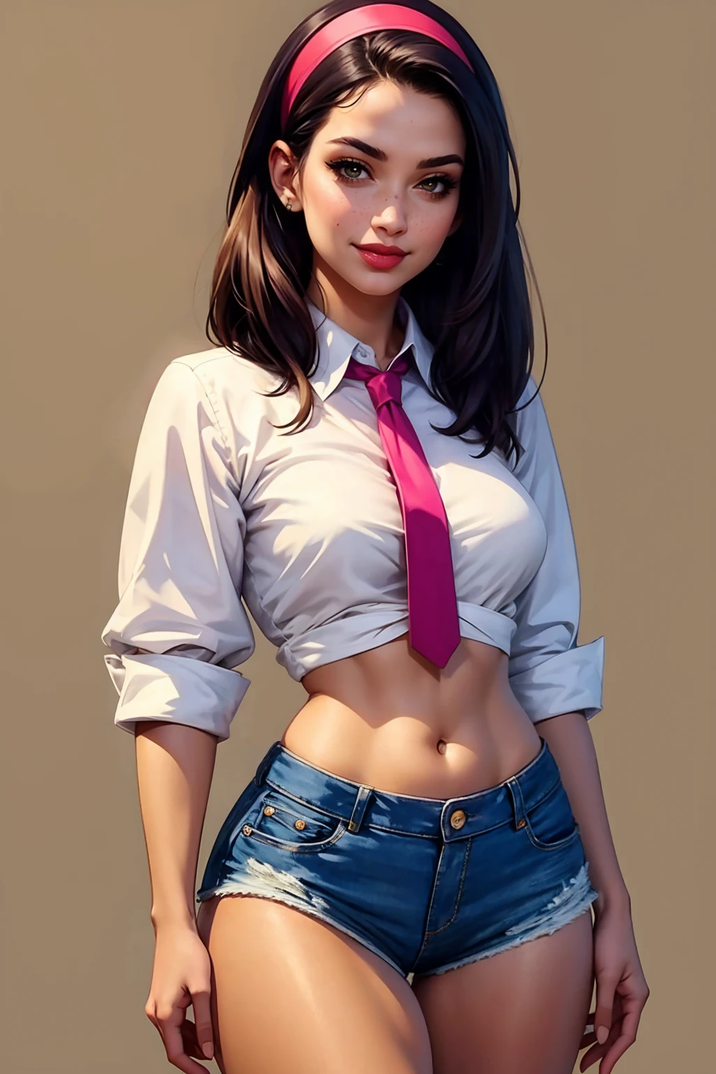 Alluring young girl, smile, collared shirt, sleeves rolled up, denim shorts, necktie, small breast, hairband, (wide hips), sexy thighs, ((straight hair)), comic retro style, (masterpiece, best quality:1.2), simple background
