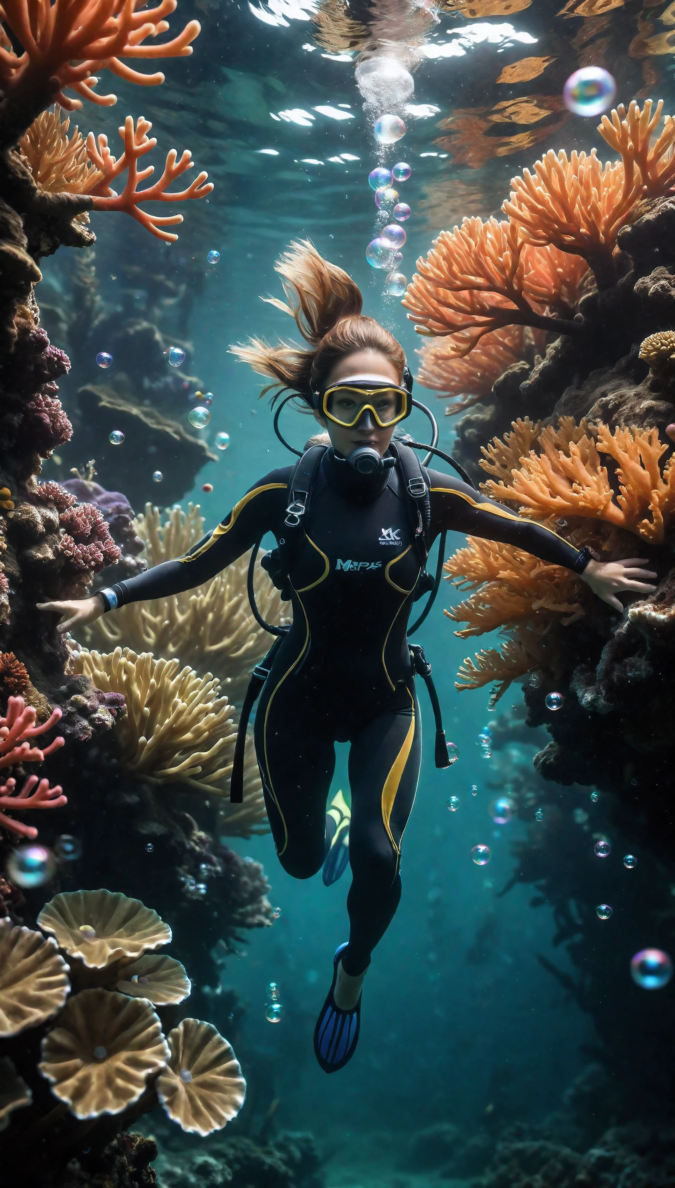 ((Masterpiece in maximum 16K resolution):1.6),((soft_color_photograpy:)1.5), ((Ultra-Detailed):1.4),((Movie-like still images and dynamic angles):1.3). | (cinematic photo shot of beautiful Diver underwater), (Beautiful Diver),  (tyndall effect), (a lot of bubbles), (coral), (mangroves), (neptune grass), (shimmer), (visual experience), (Realism), (Realistic),award-winning graphics, dark shot, film grain, extremely detailed, Digital Art, rtx, Unreal Engine, scene concept anti glare effect, All captured with sharp focus. | Rendered in ultra-high definition with UHD and retina quality, this masterpiece ensures anatomical correctness and textured skin with super detail. With a focus on high quality and accuracy, this award-winning portrayal captures every nuance in stunning 16k resolution, immersing viewers in its lifelike depiction. | ((perfect_composition, perfect_design, perfect_layout, perfect_detail, ultra_detailed)), ((enhance_all, fix_everything)), More Detail, Enhance.