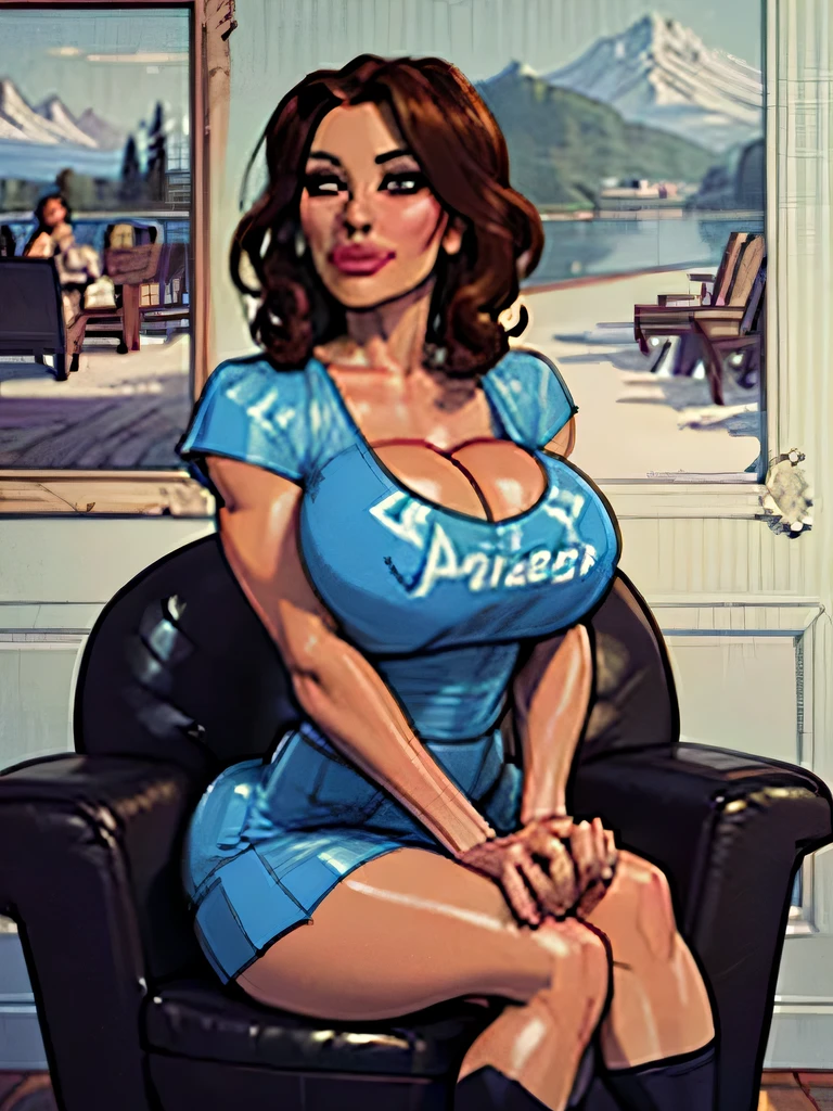 ((Best quality, 8k, Masterpiece :1.3)), pretty woman, 1girl, saggy breasts :1.2, lustful, dark brown hair, (sitting on couch, crossed legs, skirt :1.1), ultra-detailed face, detailed lips, detailed eyes, double eyelid, wide hips, (plump:1.3), curly hair, 21 years old, realistic, heavy eye shadow, bliss, soft features, short, nice, big gentle smile, sleepy eyes, warmz sweaty, pale skin