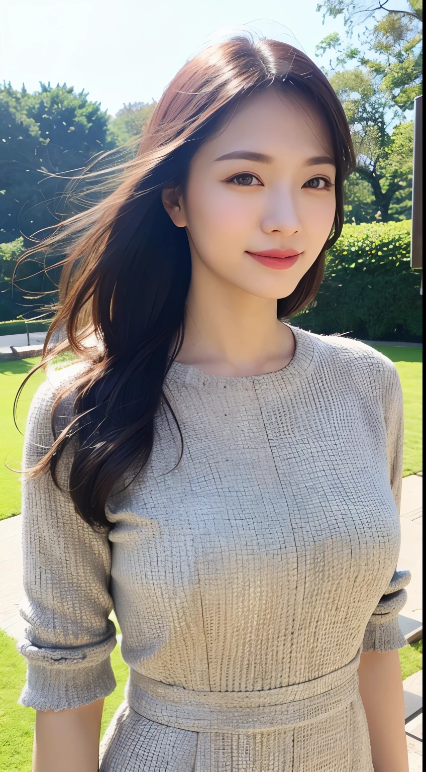 （Highly detailed body，Highly detailed face，Best quality at best：1.2） ，A woman who is，Professional Dress，Park in the background，Bright light