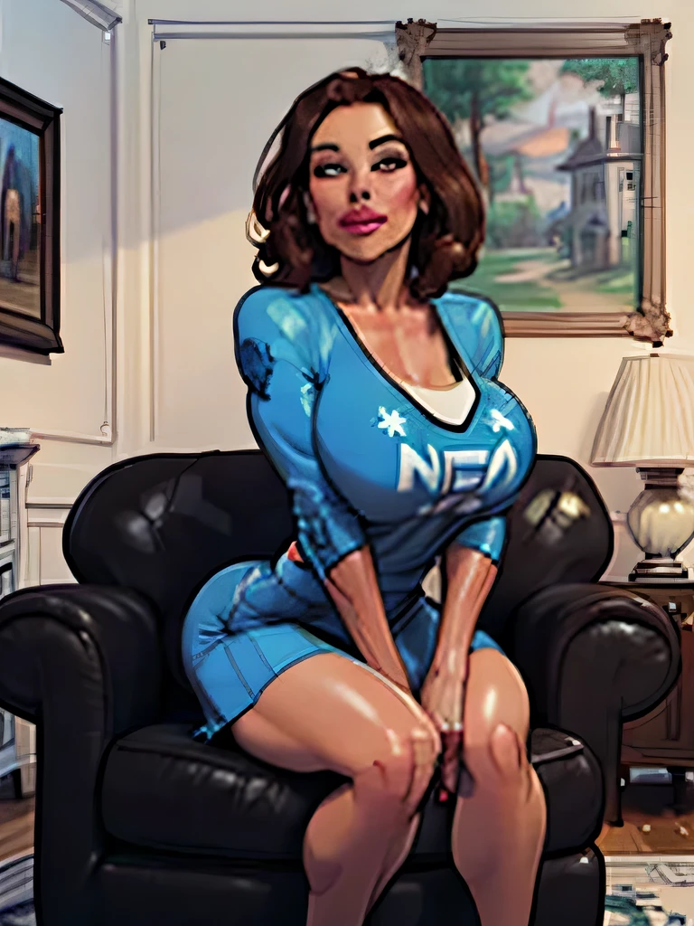 ((Best quality, 8k, Masterpiece :1.3)), pretty woman, 1girl, saggy breasts :1.2, lustful, dark brown hair, (sitting on couch, crossed legs, skirt :1.1), ultra-detailed face, detailed lips, detailed eyes, double eyelid, wide hips, (plump:1.3), curly hair, 21 years old, realistic, heavy eye shadow, bliss, soft features, short, nice, big gentle smile, sleepy eyes, warmz sweaty, pale skin