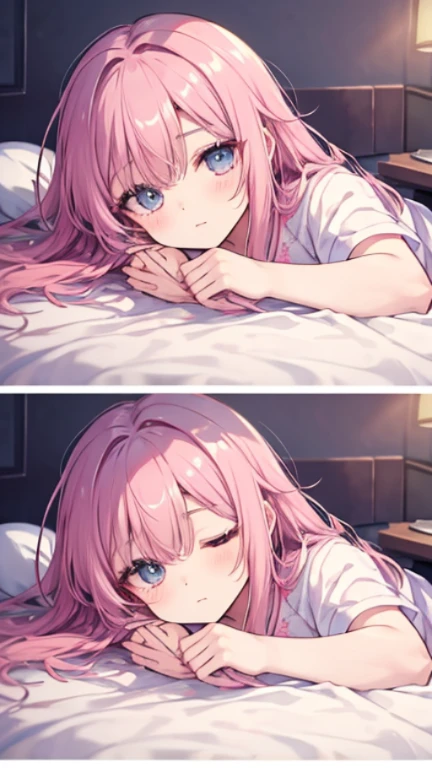 Sleep in bed、Lying down、sleepy、Sleepy eyes、Half-open、pajamas、Middle school students、Zhou-o Coral高解像度、Full HD、8K quality、、、Droopy eyes、、、Eye highlights、Sleep in bed、Lying down、sleepy、Sleepy eyes、Half-open、pajama、Zhou-o Coral、Eye highlights、、、Eye highlights、Incredibly beautiful eyes、、Pink Hair、Let your hair down、Straight hair、Long Hair、cute、Zhou-o Coral