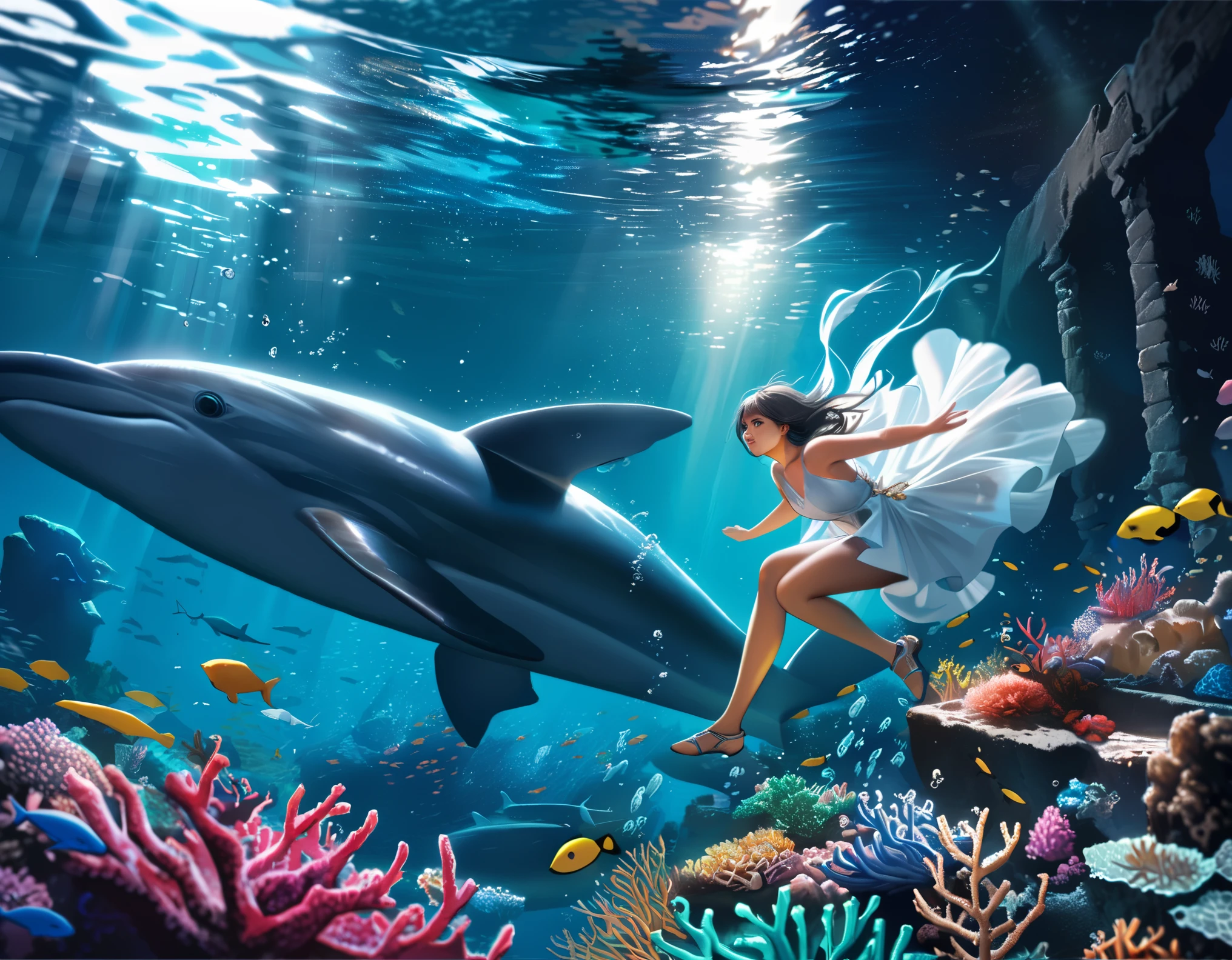 best quality,ultra-detailed,realistic,underwater,dynamic,majestic,((diving)),deep sea exploration,coral reefs,colorful marine life,sun rays piercing through the water,white dress girl exploring hidden treasures in the ocean,thrilling adventure,tranquil ocean floor,white dress girl surrounded by exotic fish and sea creatures,vibrant blue water,serene and peaceful environment,emerald green seaweed,dolphin swimming alongside the white dress girl,magnificent underwater landscapes,sparkling water reflections,white dress girl capturing mesmerizing moments under the sea,professional underwater photography,majestic marine ecosystem,white dress girl's oxygen bubbles rising to the surface,sunlit underwater caves,serene and magical underwater world,submerged shipwreck,white dress girl exploring ancient ruins,deep-sea diving equipment and gear,white dress girl gracefully navigating through the water,unique and breathtaking visual experience