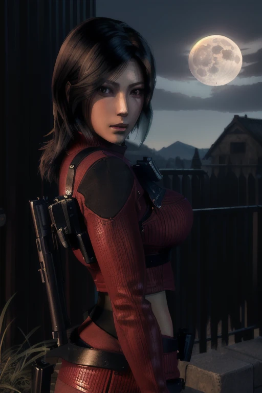 arafed woman holding a gun outside with a full moon, 8k portrait render, glamorous jill valentine, deayami kojima, game cg, yayoi kasuma, rendered in sfm, portrait of tifa lockhart, hints of yayoi kasuma, perfect dark, photorealistic shot, video game render, faye valentine, female lead character