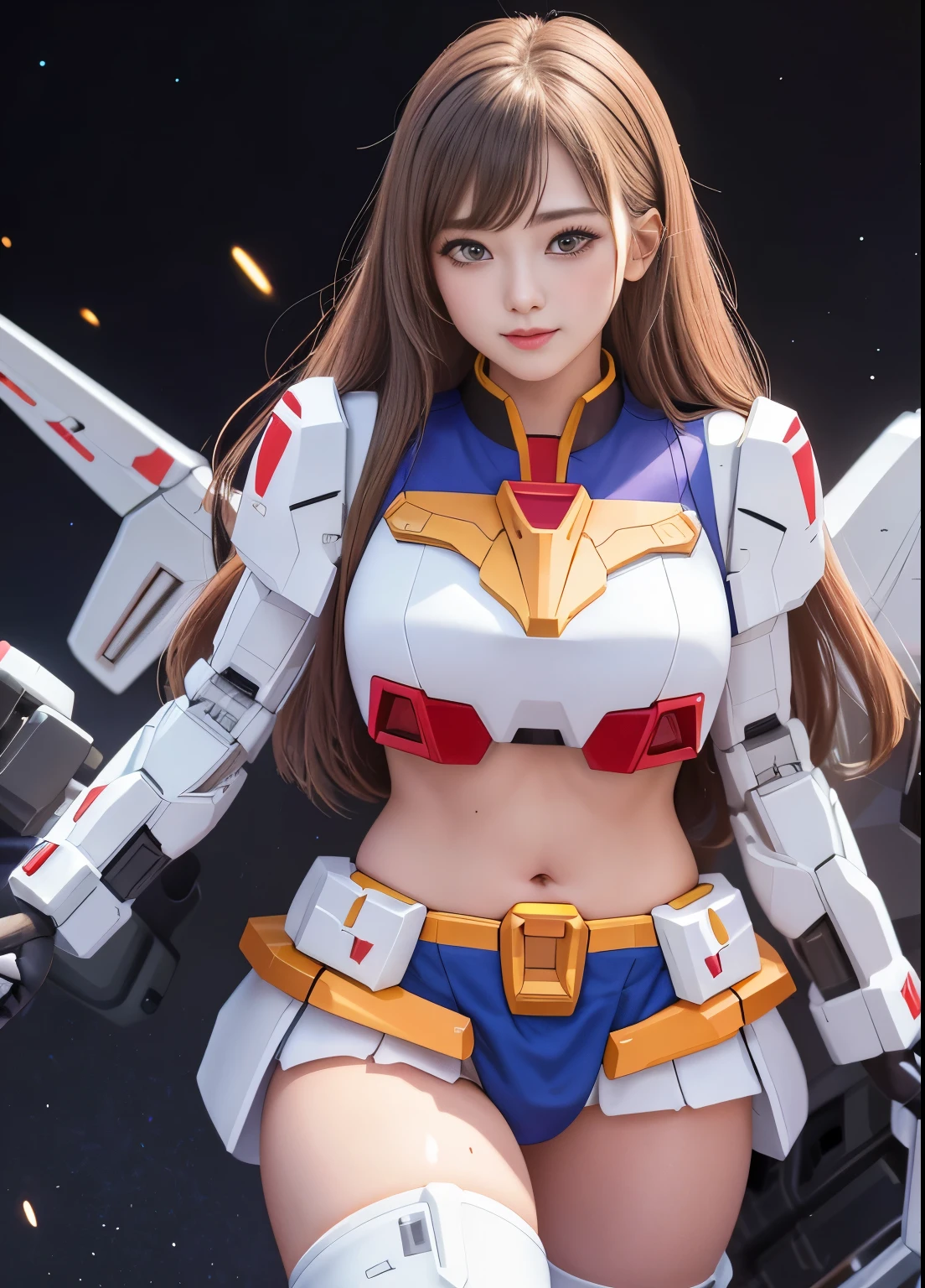 (highest quality)、(masterpiece)、detailed、realism、Mobile Suit Gundam F91 personification、Great highlights on the upper body, Powerful Mech、Chibi Character、Beam rifle, girl, 22 years old, , Beautiful Eyes, Modest nose、Moisturized lips、smile、belly button、Absolute area, Wet slightly thick thighs、A little chubby、Loincloth、Very affectionate love relationship、universe、Enemy battle scene、Spread your legs、Pussy、Be enchanted by amazing beauty、