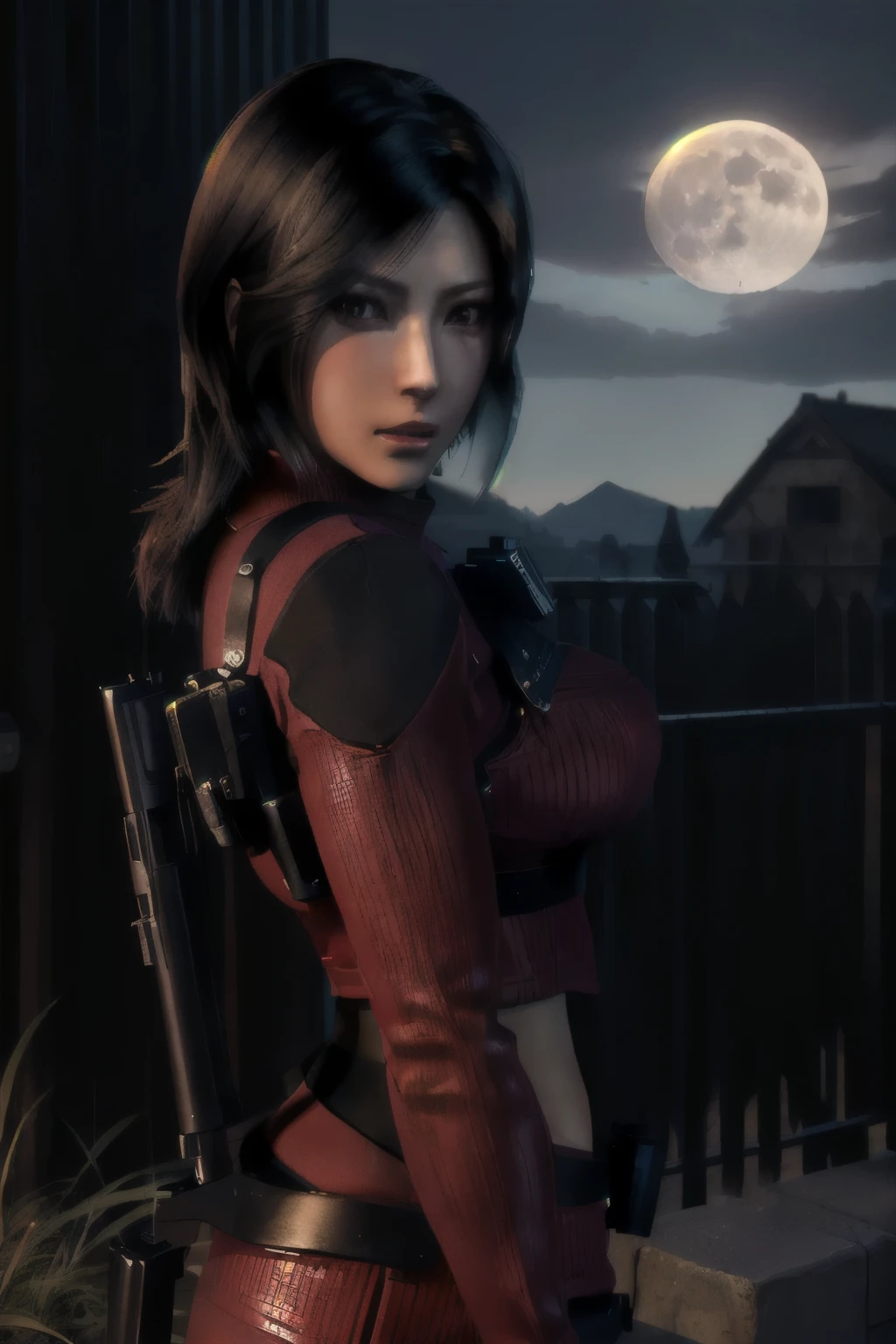 arafed woman holding a gun outside with a full moon, 8k portrait render, glamorous jill valentine, deayami kojima, game cg, yayoi kasuma, rendered in sfm, portrait of tifa lockhart, hints of yayoi kasuma, perfect dark, photorealistic shot, video game render, faye valentine, female lead character 