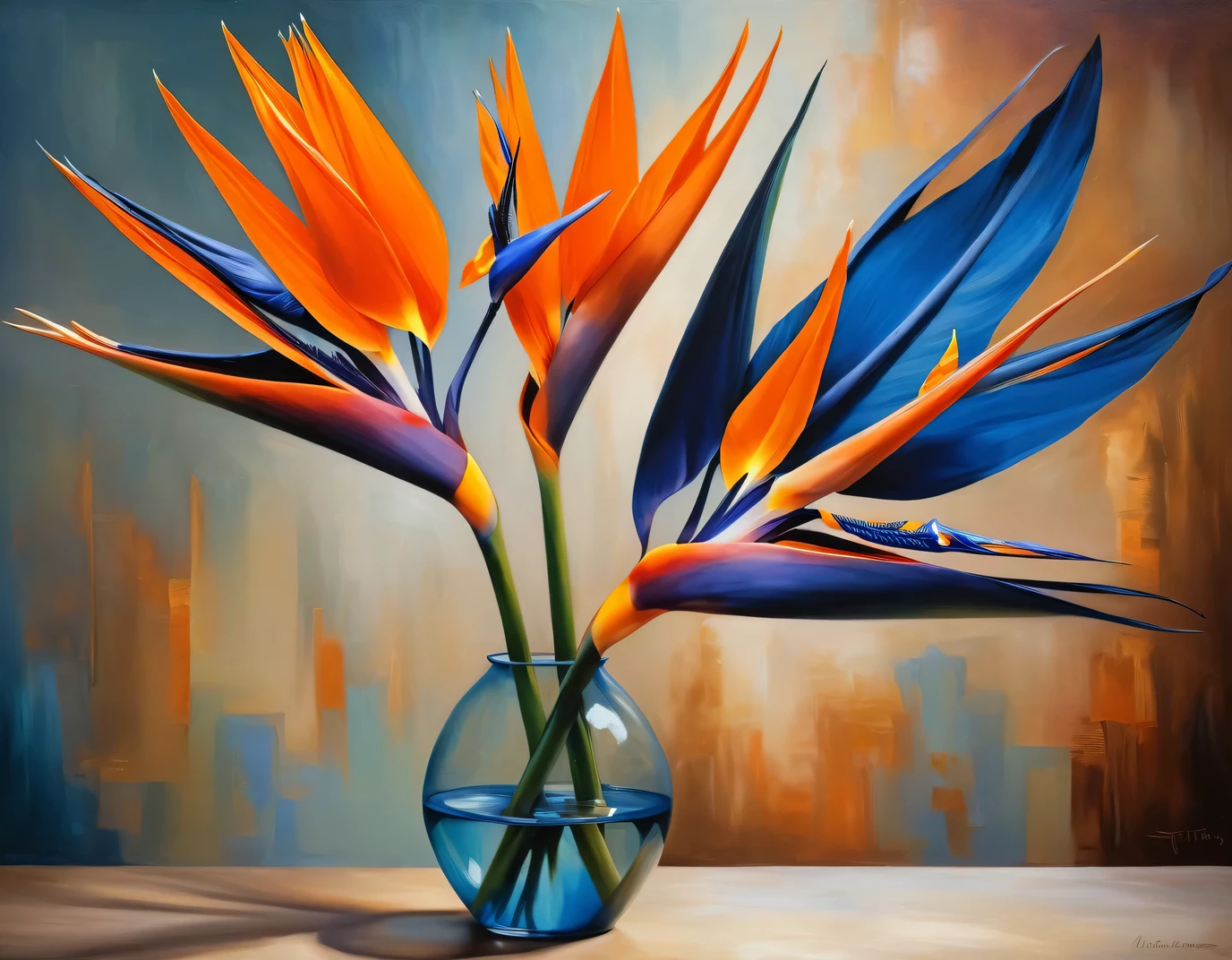 Bird of Paradise (Strelitzia): A tropical flower with striking orange and blue petals resembling a bird in flight, in. a vase on table, still life painting, realistic