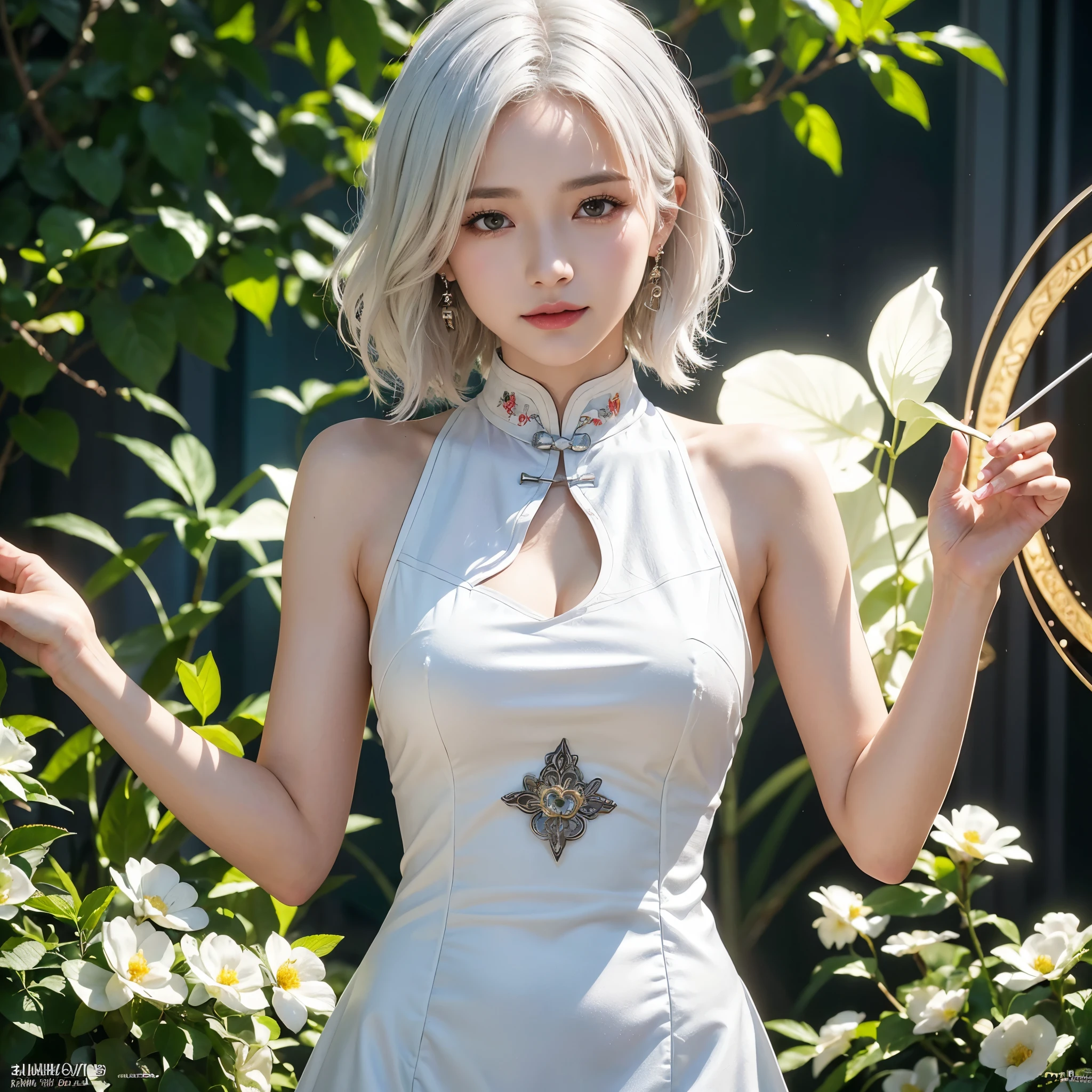 (1 Girl Solo, 1 Sexy Woman, White Hair, Short Hair, Wavy Hair, Cheongsam, CowBoy Shot:1.4), (flower garden:1.2), Earrings, Smile, ((Red Eyes, Beatiful Eyes, Detailed Eyes, textured skin, Beautiful skin,)), ((Anatomically Correct:1.3)), (Close-Up:1.2), Hard Lighting, Cinematic Light, (depth of field), Look at viewer, (Futuristic Portrait), no futuro telhado de luz neon, SSCI - FI e Fantasia, intrincado e muito bonito e elegante, altamente detalhado, pintura digital, art-station, arte conceitual, smooth and sharp focus, illustration, Arte de Tan Zi e Ayanamikodon e Alphonse Mucha e Wlop