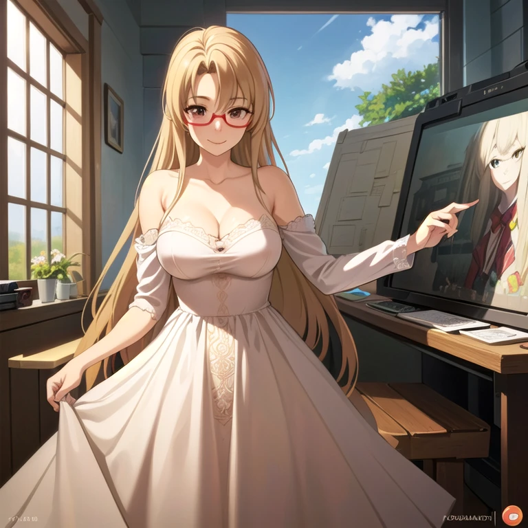 Woman&#39;s face, Long blonde hair, smile, the sun is red, (Digital Painting, Concept Art, Smooth, Sharp focus, Intricate details, close, masterpiece: 1.2)