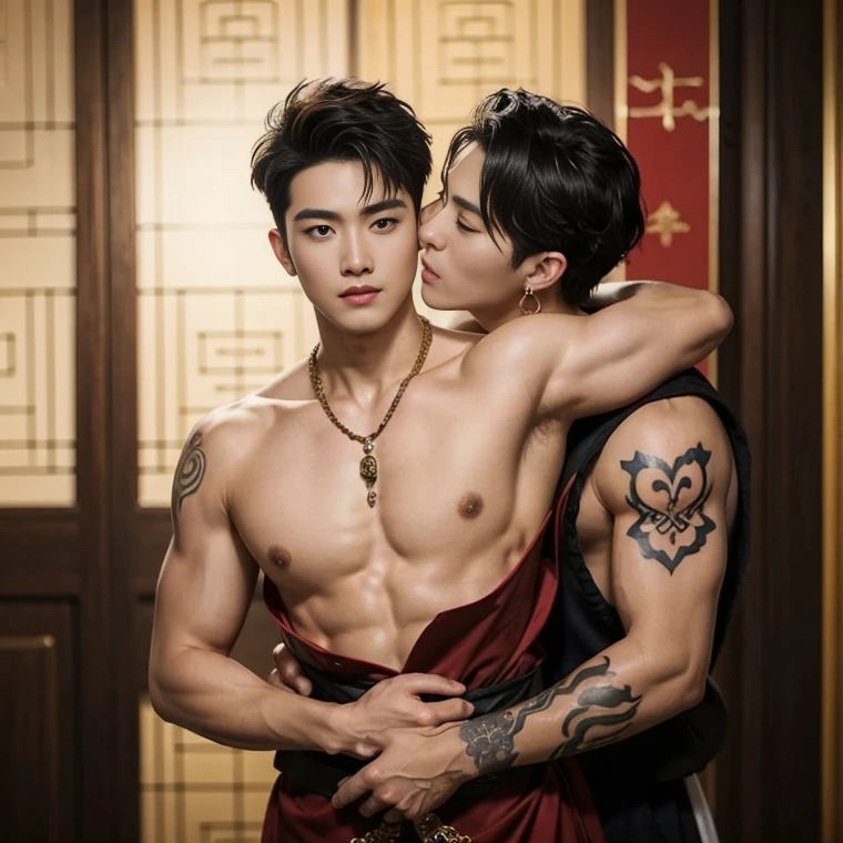 Two handsome boys kissing, smiling at each other,hugging, kissing, touching lips, cuddle, romantic,skin ship, Chinese Men God, Mythology, realistic, Chinese odyssy, super Handsome,manly, kpop idol, handsome korean actor, 20 years old,, detailed face, manly jawline, detailed mess curly styling hair, Topless, Muscles, big breast Athlete body, Full Frame,full body shoots, Sexy, realistic, human skin, tattoo breast, Professional studio Lighting, long red tibet wedding Outfit, jade and golden pendent all over , detailed jewery in dress, earings,Chinese ancient wedding Background,out door, super detailed background,look at camera , open mouth, sexy Underneathe Underwear, tibet Warrior, Hanfu red wedding dress, tibet Male, tibet Nobel, Seduce , bare chest , tattoo chest, tattoo arms, tattoo hands, tattoo back, tattoo legs , big juicy butts, bear butts, grabbing on butts posture