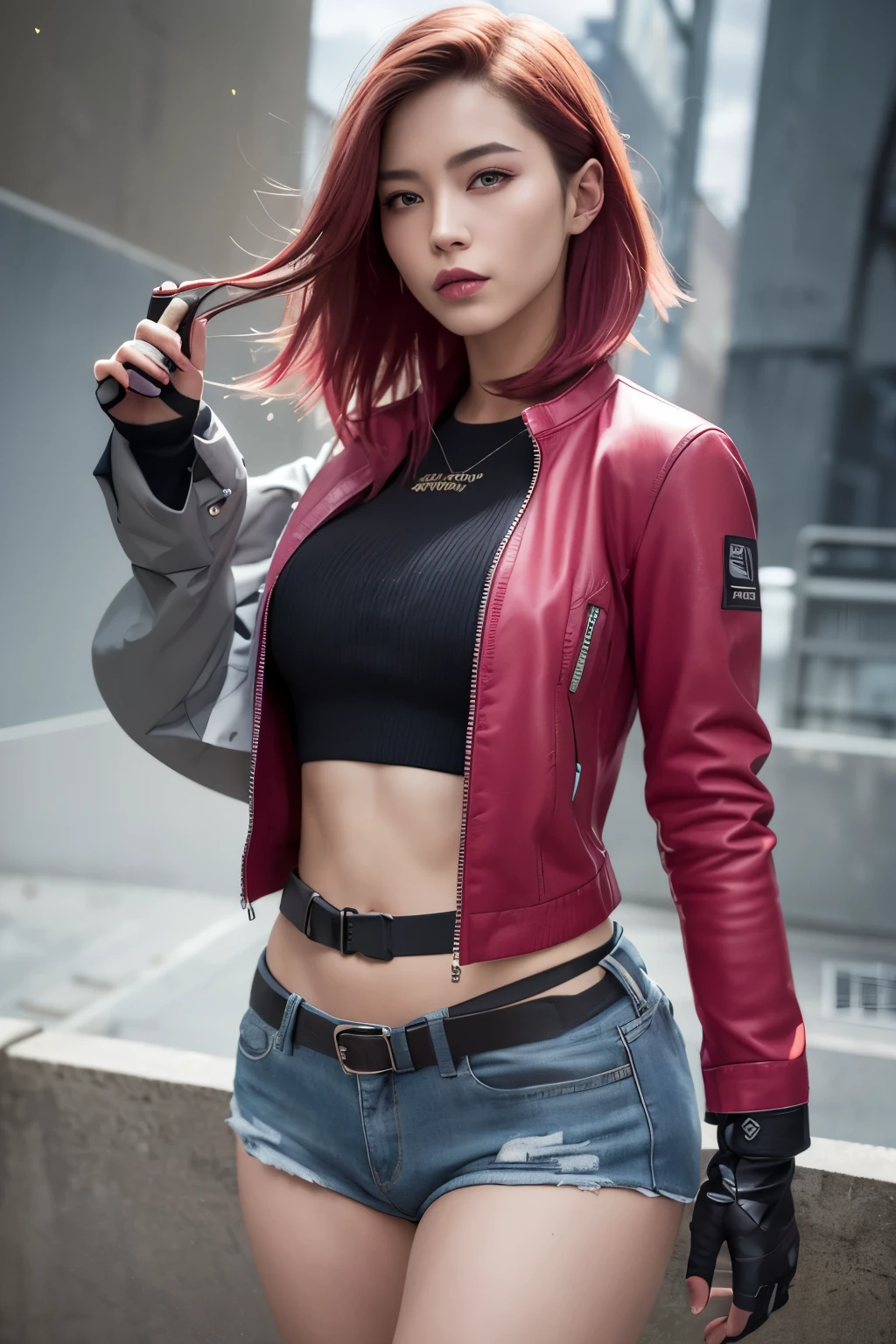 Vibrant, elegance, side-cropped punk hairstyle, looking at the viewer, dynamic pose, blow, ammunition belt, gloves, long shot: 1.6, Unreal Engine: 1.4, dreamy bubble shadows, ultra-realistic CG K, photorealistic :1.4, Skin Texture: 1.4, Artwork Full Body of One Young Woman: 1.5, Red Hair, Green Eyes, Full Lips, Oborozukiyo, Sensual Smile: 1.5, Graceful, Very Detailed: 1.4, More detailed, optical mix, playful patterns, animated textures, unique visual effects, pink leather miniskirt, haze, pink jacket, masterpiece, gloss, abandoned place background with junk, color, cyan, Gyūun Ryūs, Green, Pink, Brown: 1.2, 8K Realistic Digital Art, 32K, Masterpiece, Ultra High Definition,