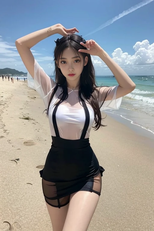 Random poses, see-through shirts, see-through skirts, hipsters, one-piece stockings, posing on the beach,