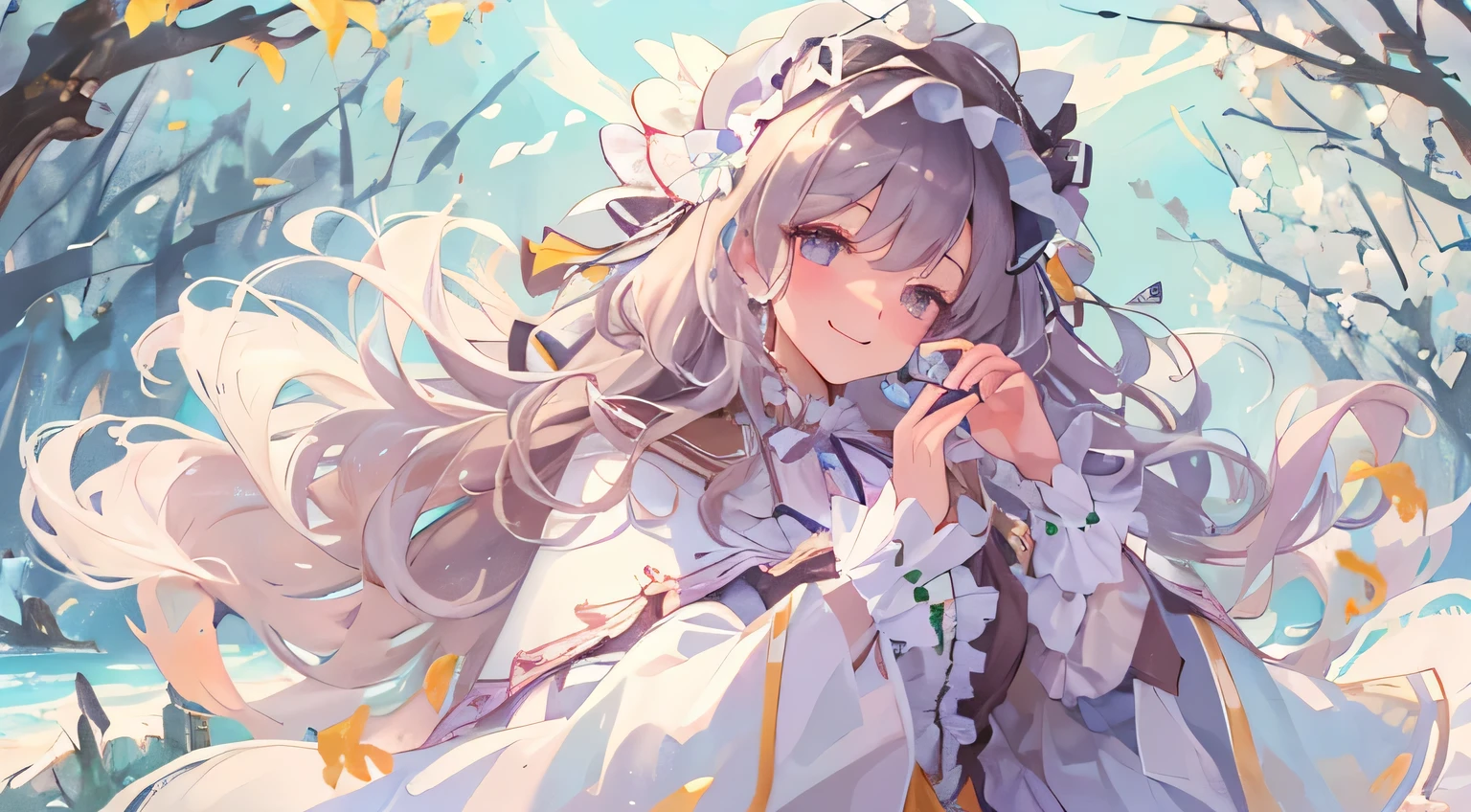 (One girl:1.2), Live Brush, Wavy Hair, Fluffy hair, Capelet, Lace trim, Income, freshness, Lolita, elegant, Bodysuit, A light smile, peaceful, colorful, (winter:0.7), (flower:0.7),, nature, Princess, Genuine, Very detailed, Beautiful background, white, Depth of written boundary, Cinema Lighting, Ghibli-like colors, Attention to detail, Wind view, horizon, Wind, (bright:0.7), Wind soprar, View the viewer, Lolita Roupas, 8k, Bokeh, Awards, (Master Parts:1.3), highest quality, Anatomically correct, Perfect hands