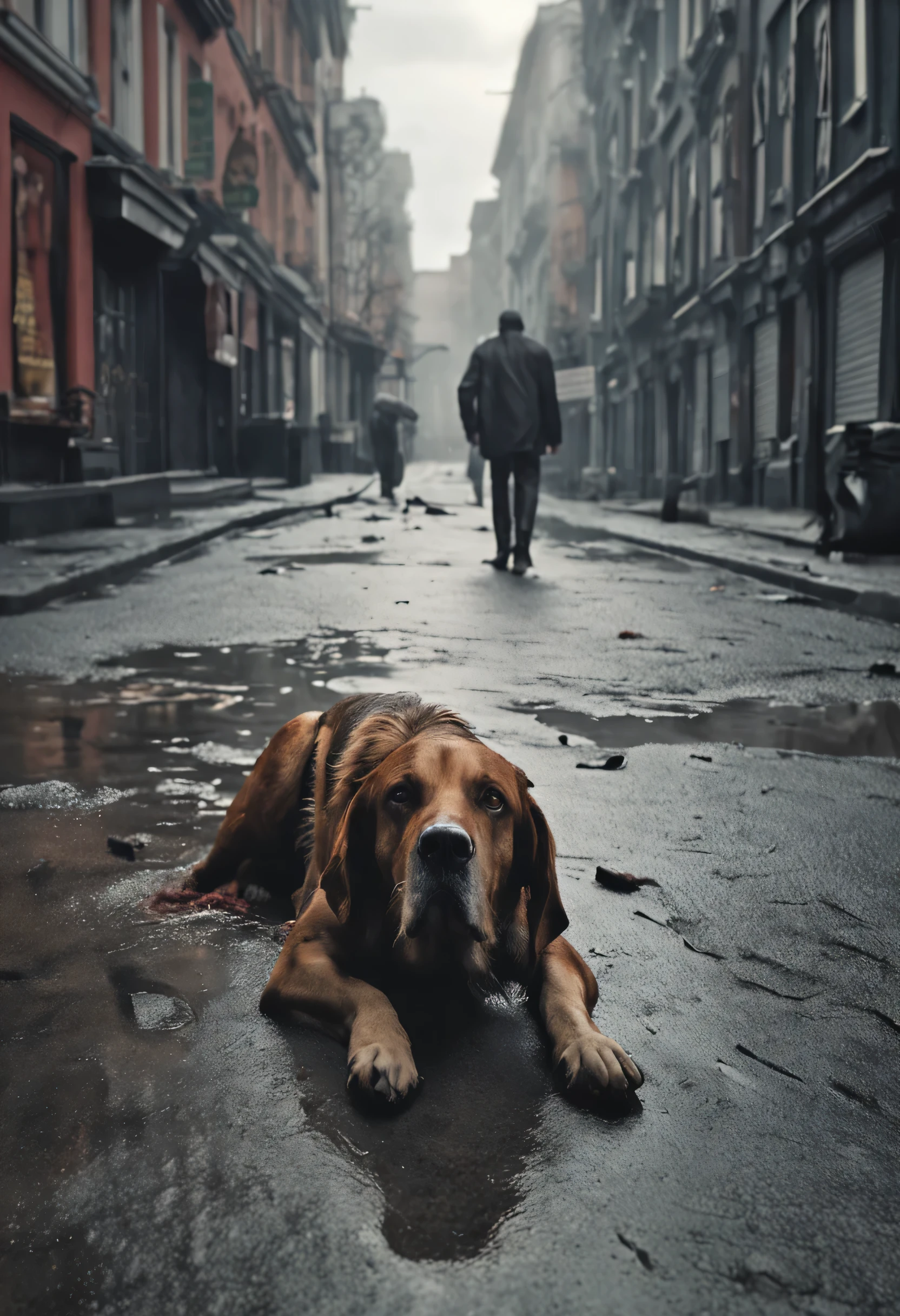 A man fallen to the ground, ((cinema style, 4K)), realistic, with dirty clothes, next to him his faithful dog, wet and unhealthy streets, gray sky