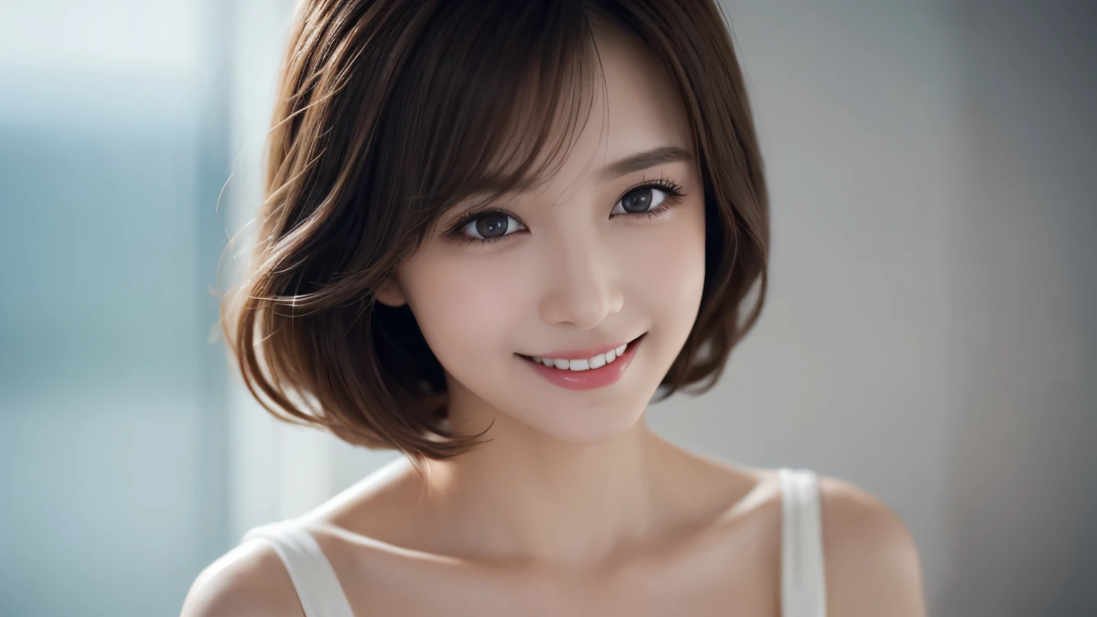 One Girl, (Dress in trendy fashion:1.2), (RAW Photos, highest quality), (Realistic, Photorealistic:1.4), Tabletop, Very delicate and beautiful, Very detailed, 2k wallpaper, wonderful, In detail, Very detailedな CG Unity 8K 壁紙, Very detailedな, High resolution, Soft Light, Beautiful detailed girl, looking at the camera、Very detailedな目と顔, Beautifully detailed nose, Beautiful fine details, Bob Hair, small, dress、White background、Background is white、Cinema Lighting, Perfect Anatomy, Slender body, smile,