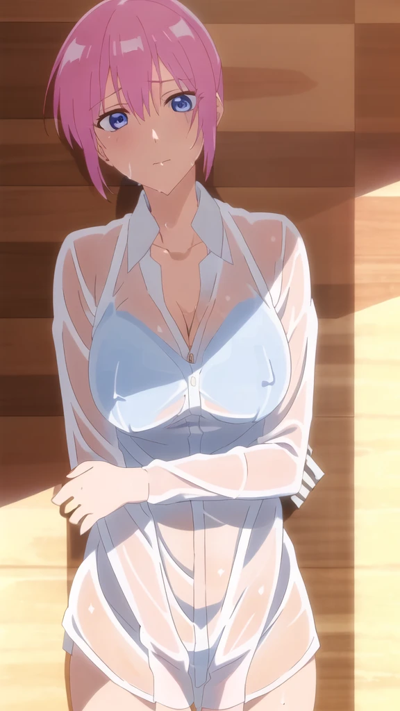 masterpiece, high quality, 8k, Beautiful lighting,sunny day, 1 girl, alone, Miyako Shikimori, ,((White Shirt)),, ((Wet clothes)),,(White panties), ((Upper Body)),(slender thighs),See-through bra,Detailed face, Medium chest,,Lie on the classroom floor,